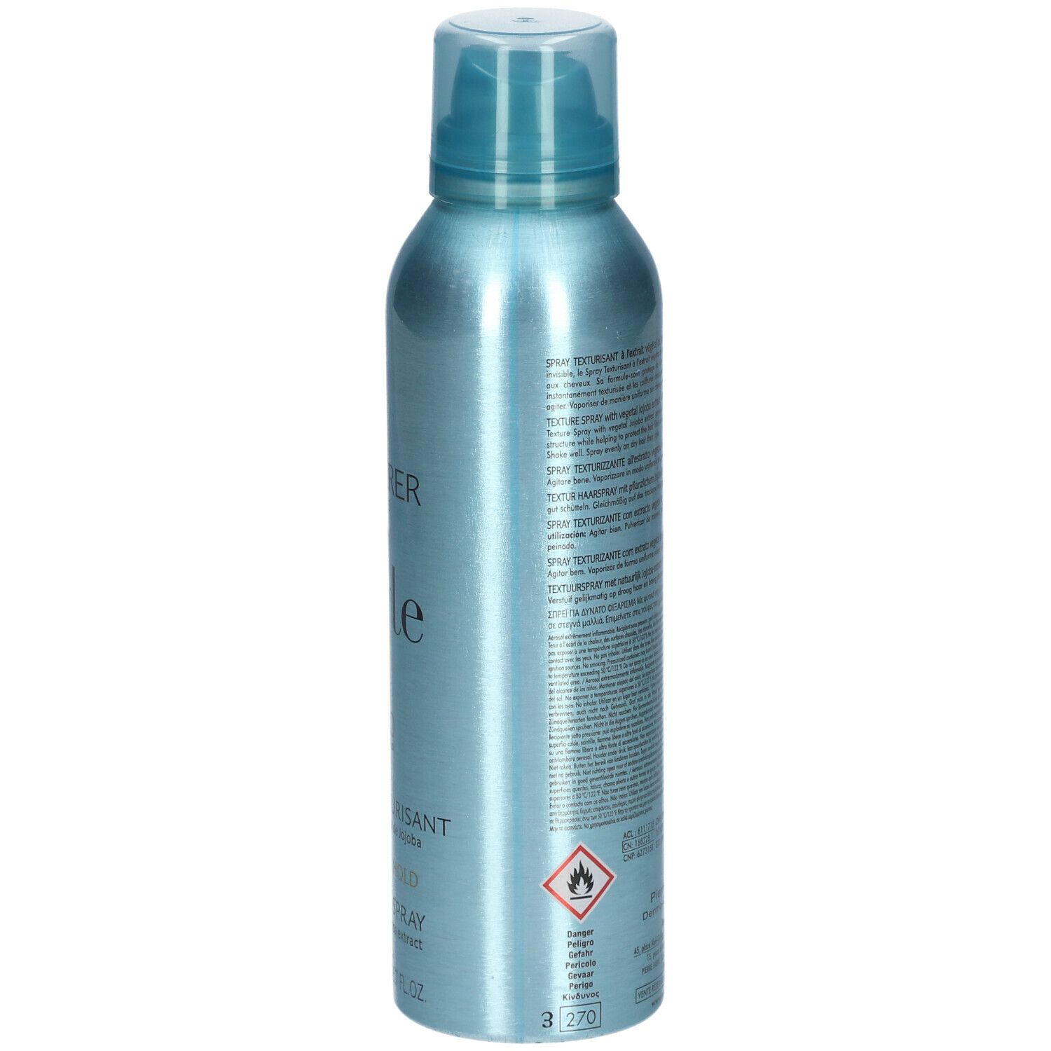 Flacon spray bleu clair avec tête de pulvérisation. Inscription: René Furterer, Style, spray texturisant, Volume & Hold.