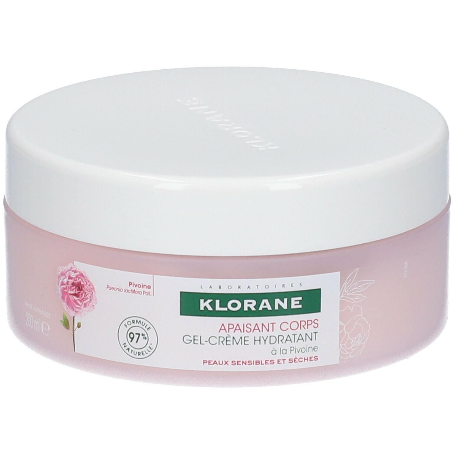 Pot de crème rose avec couvercle blanc. Inscription: Klorane, Gel-crème hydratant. Avec pivoine. Formule naturelle à 97%.