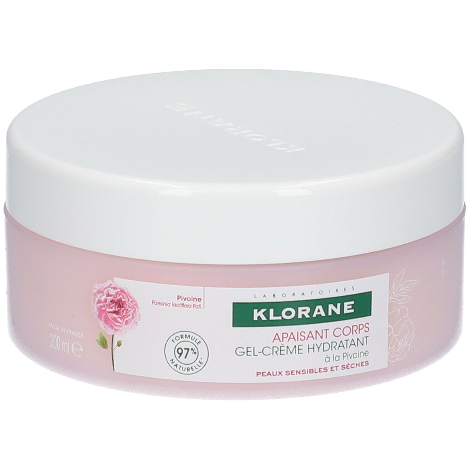 Pot de crème rose avec couvercle blanc. Inscription: Klorane, Gel-crème hydratant. Avec pivoine. Formule naturelle à 97%. 200ml.