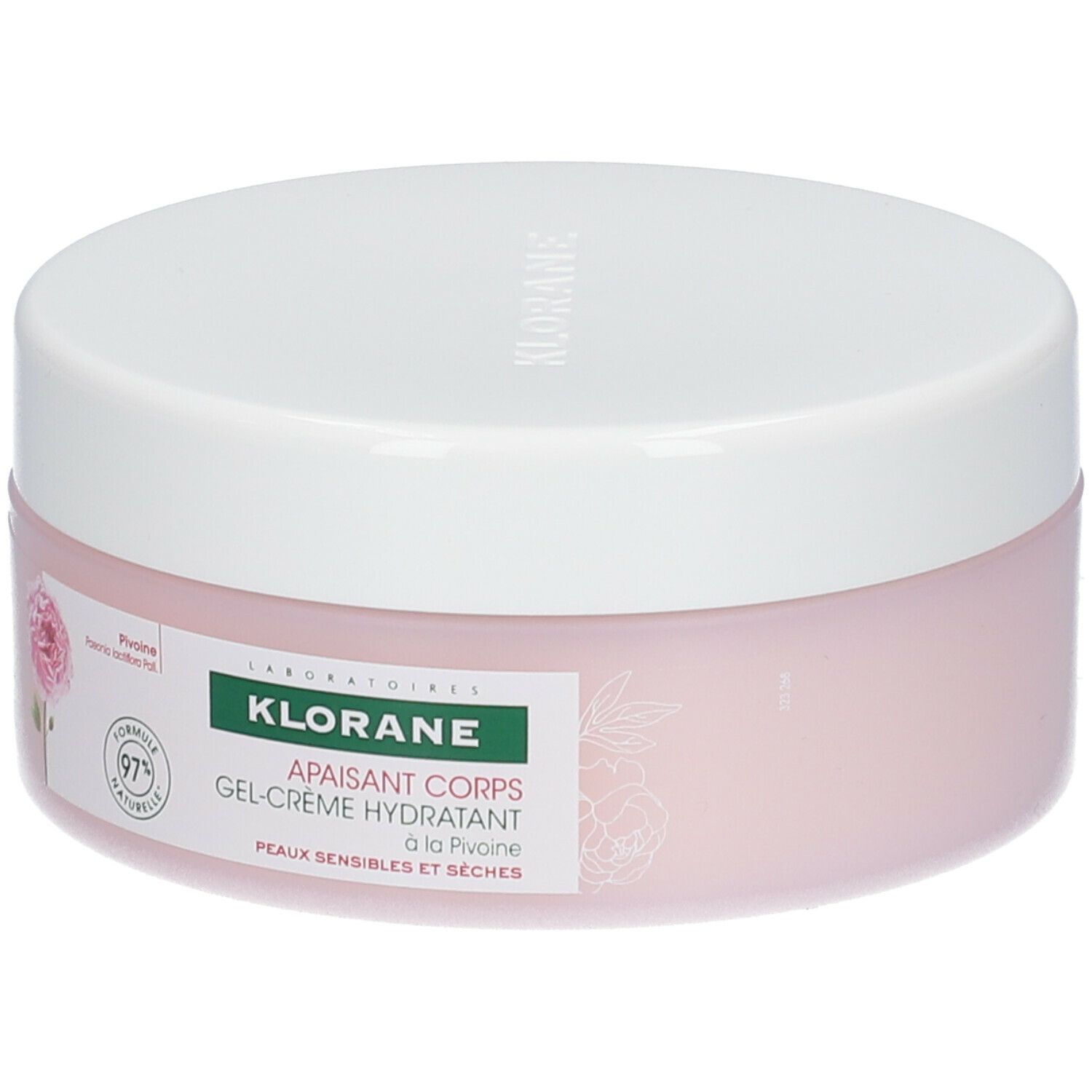 Pot de crème rose avec couvercle blanc. Inscription: Klorane, Gel-crème hydratant. Avec pivoine. Formule naturelle à 97%. Pour peaux sensibles.