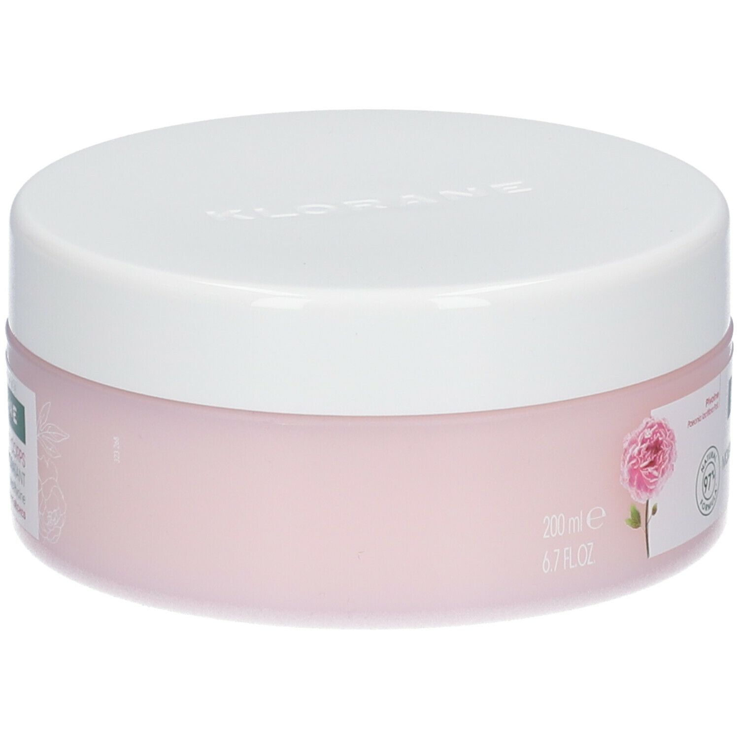 Pot de crème rose avec couvercle blanc. Inscription: Klorane, Gel-crème hydratant. Avec pivoine. 200ml. 6.7 FL.OZ. Formule naturelle à 97%.