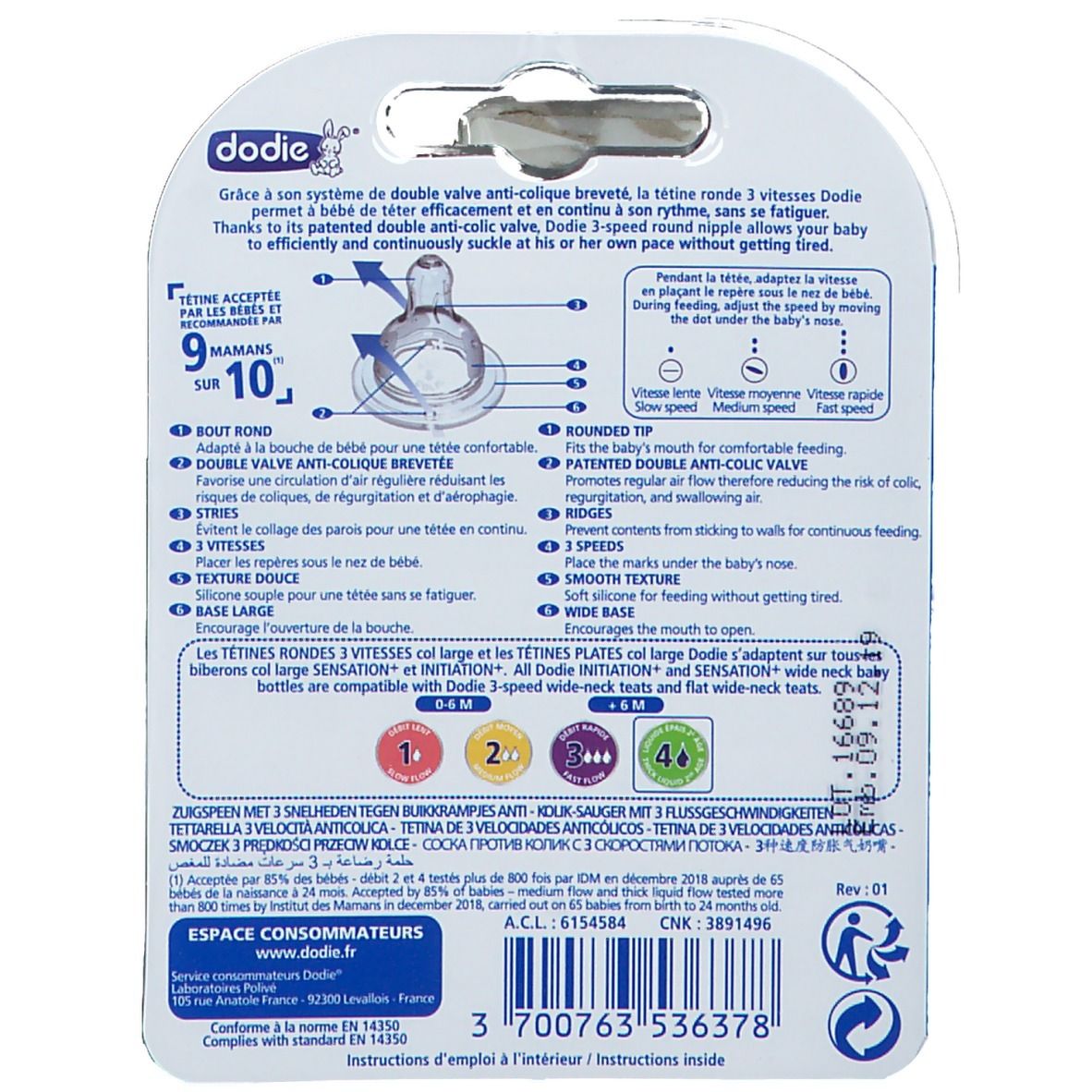 dodie® Tétine Initiation+ ronde 3 vitesses anti-colique +6 mois