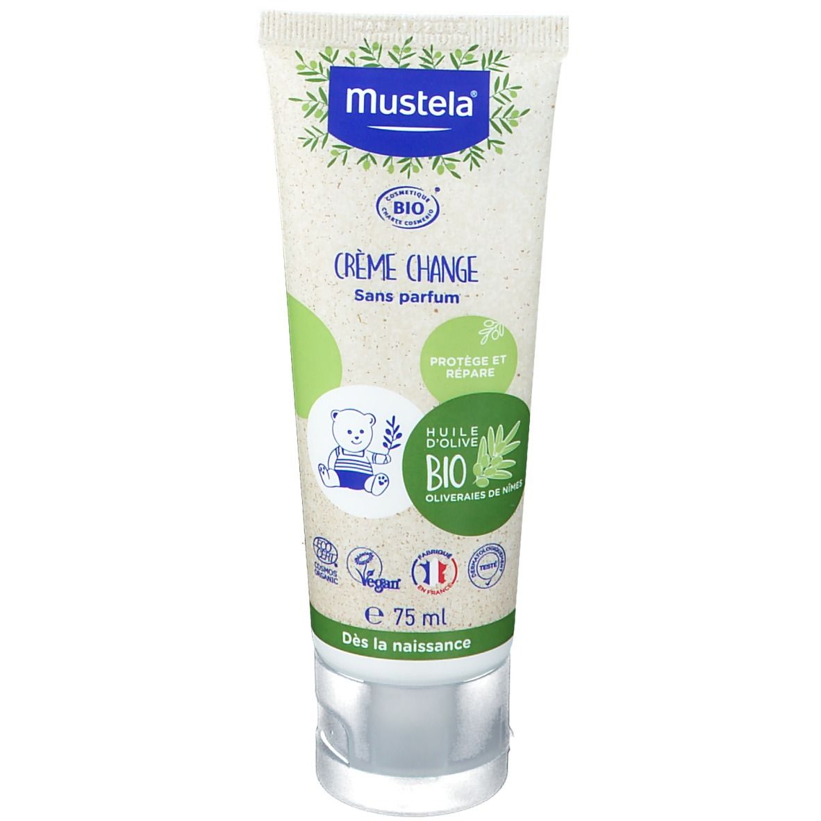 Tube Creme Change, Mustela Bio. Grün-weiß, mit Text und Logo. Enthält Bio-Olivenöl. Vegan. 75 ml.