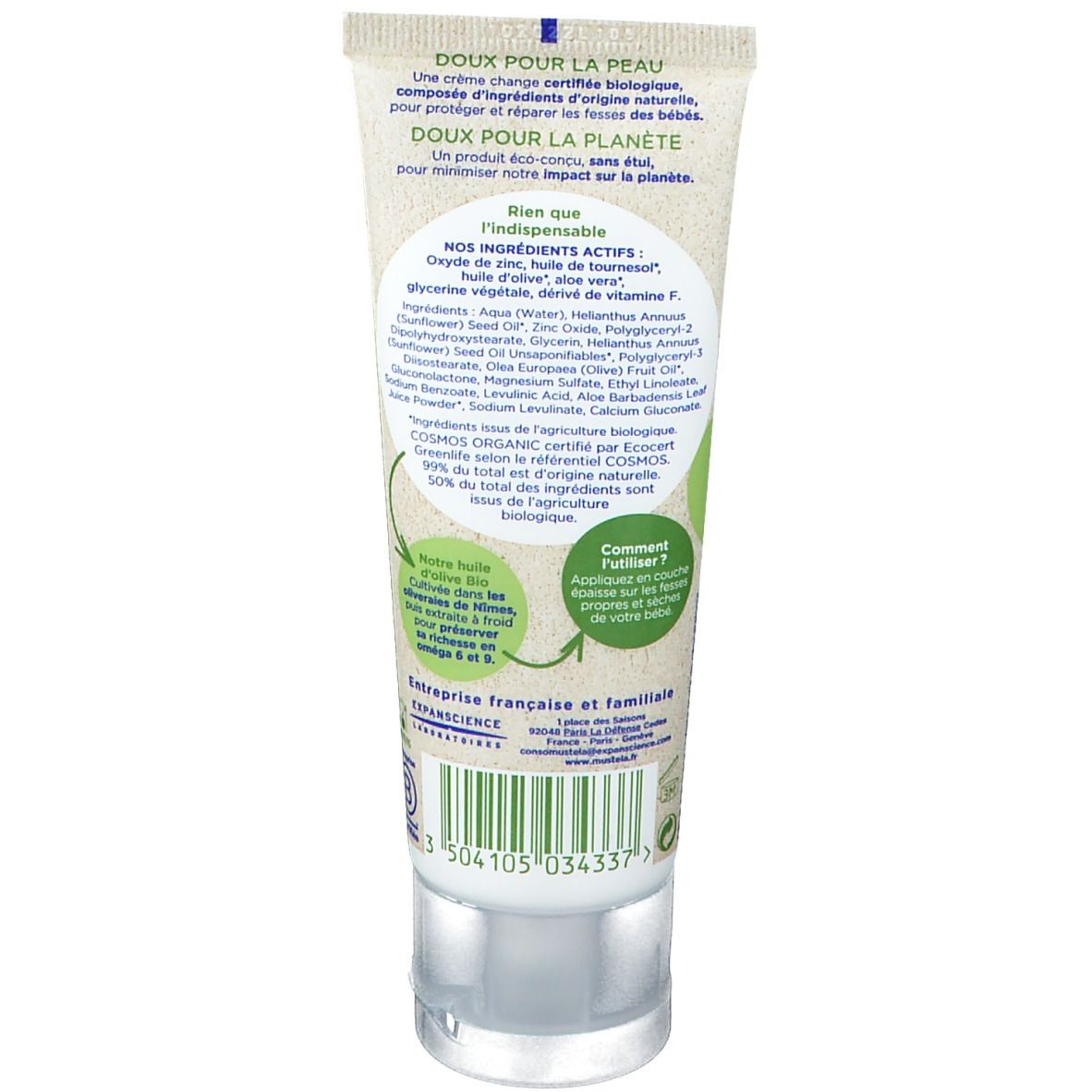 Rückseite der Tube Creme Change, Mustela Bio. Text mit Inhaltsstoffen und Zertifizierungen. Grüner Hintergrund.