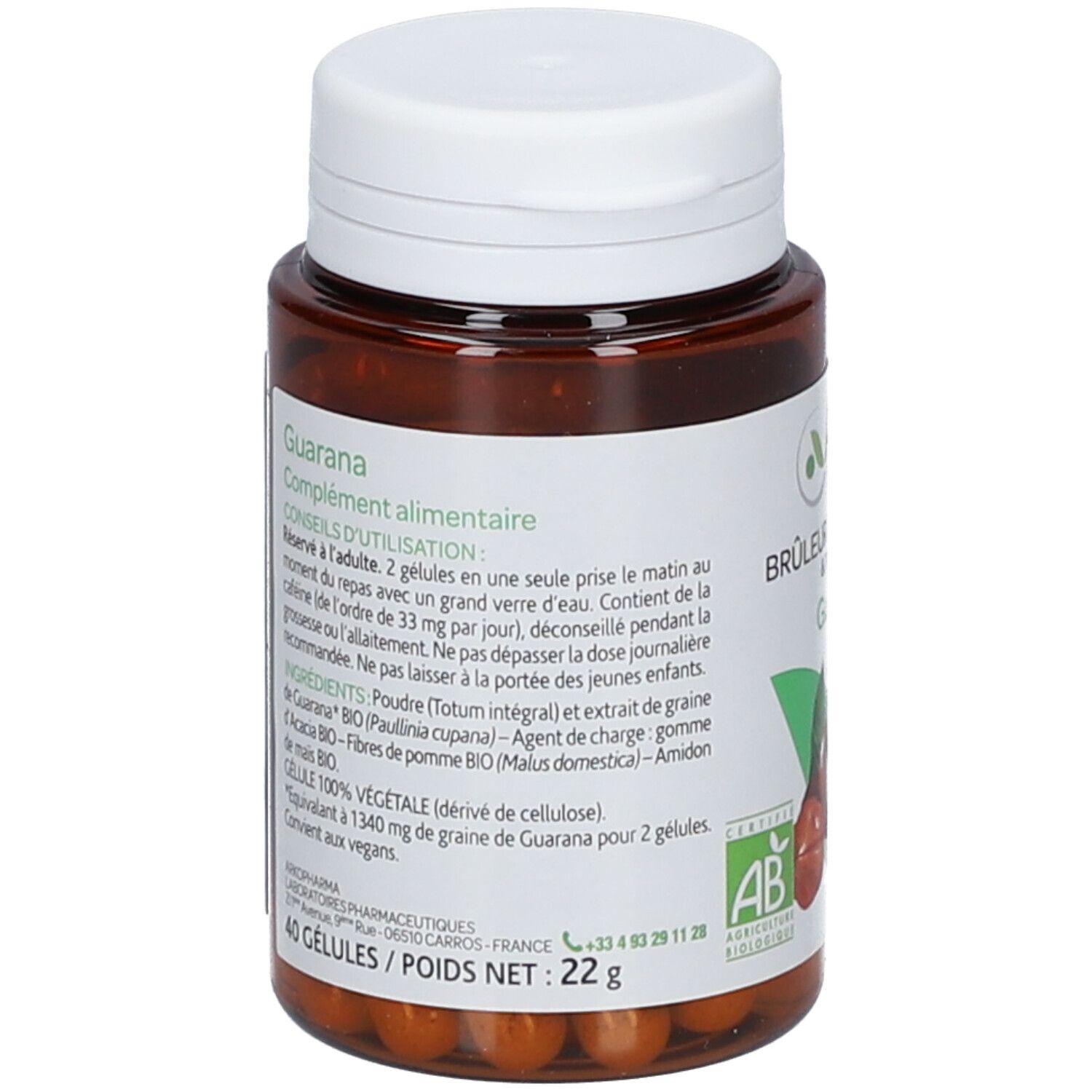 Rückseite der Flasche. Text mit Verzehrempfehlung, Inhaltsstoffen und Herstellerinformationen. 40 Kapseln, 22 g.