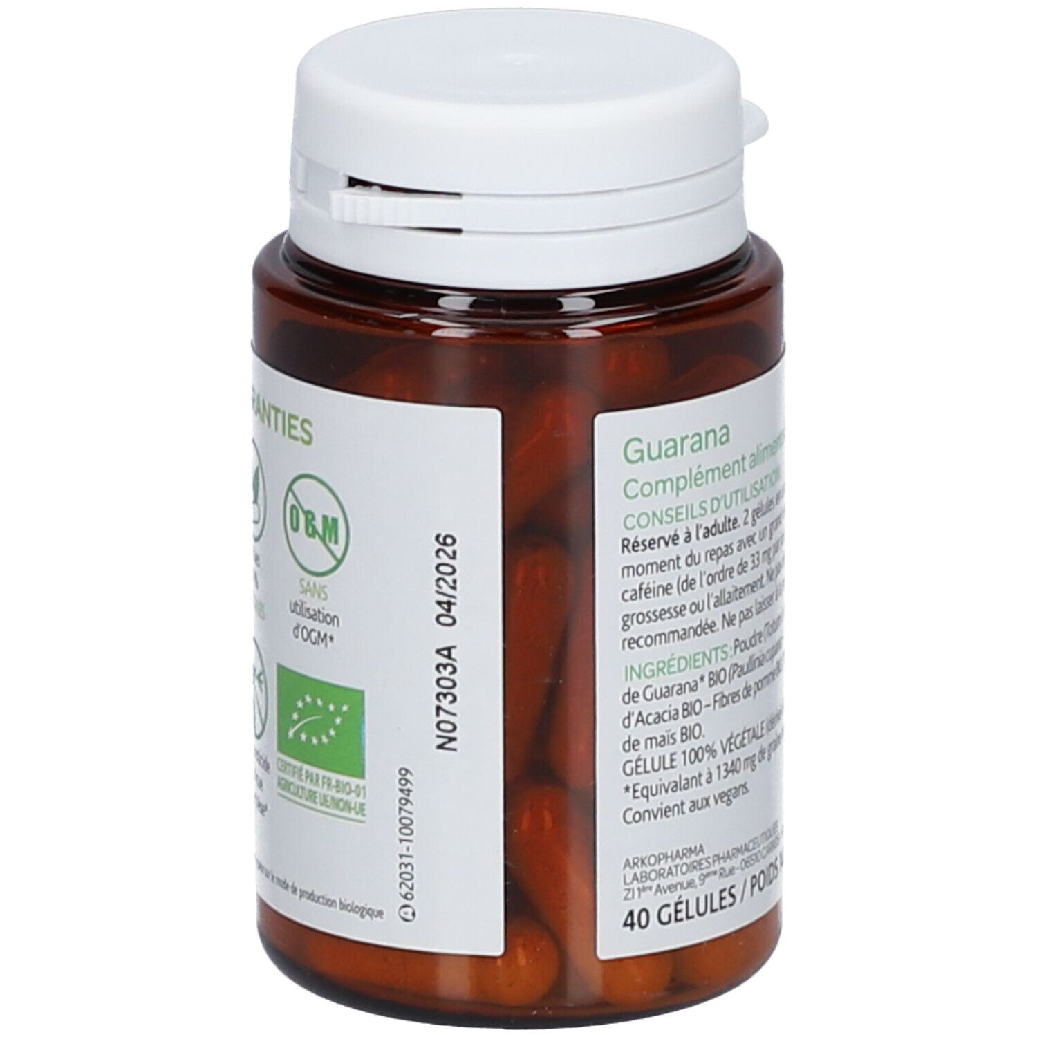 Flasche mit Etikett. Aufgedrucktes Haltbarkeitsdatum 04/2026. Logo und Text. 40 Kapseln.