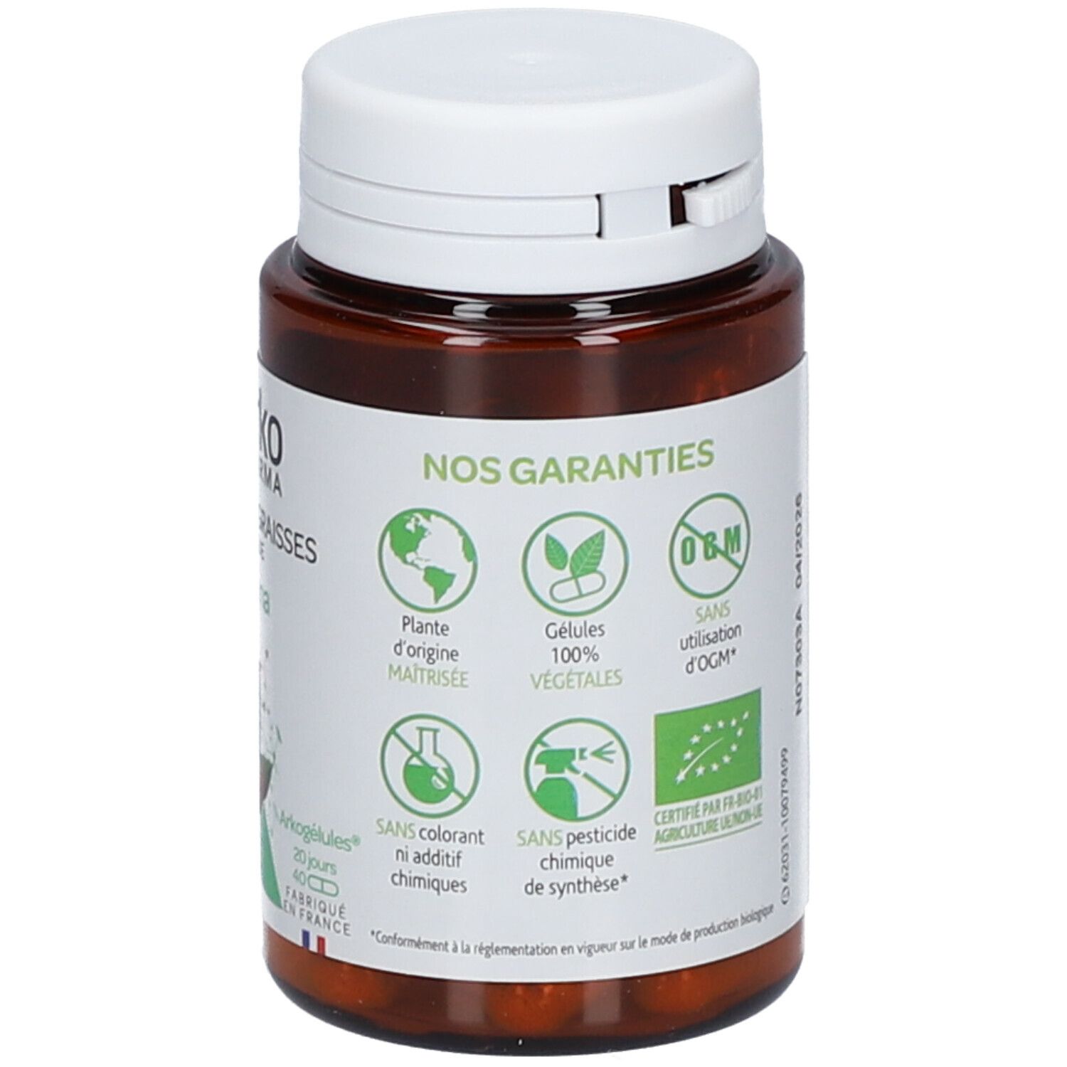 Rückseite der Flasche. Logos: Pflanzenursprung, pflanzliche Kapseln, ohne GVO. Zertifizierungen.