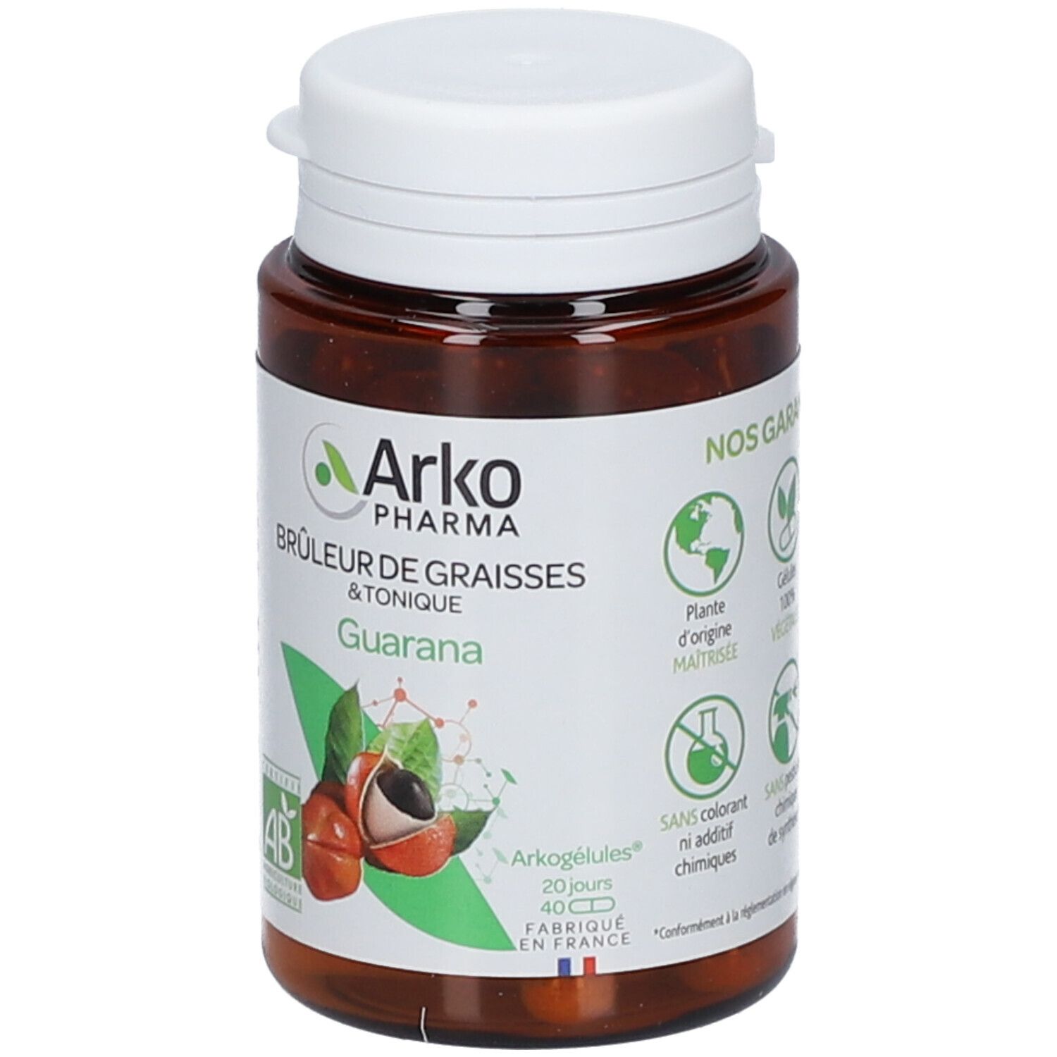 Braune Flasche mit weißem Deckel. Etikett mit Logo, Produktname und Guarana-Abbildung. AB-Bio-Zertifizierung.