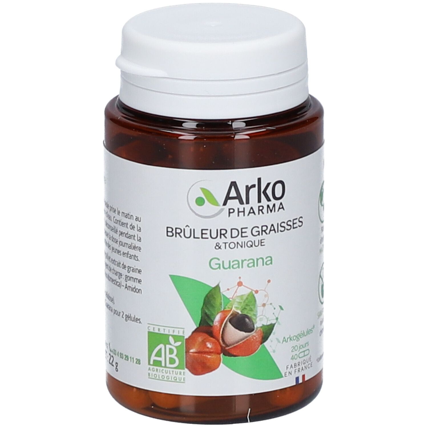 Braune Flasche mit weißem Deckel. Etikett mit Logo, Produktname und Guarana-Abbildung. AB-Bio-Zertifizierung.