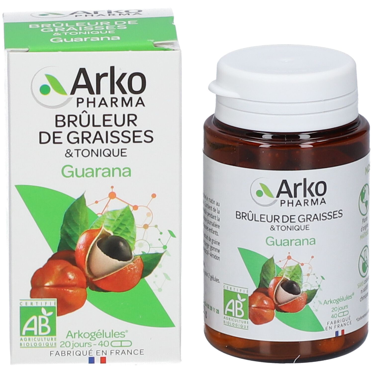 Produkt und Verpackung. Braune Flasche und Karton. Logo, Produktname und Guarana-Abbildung. AB-Bio-Zertifizierung.