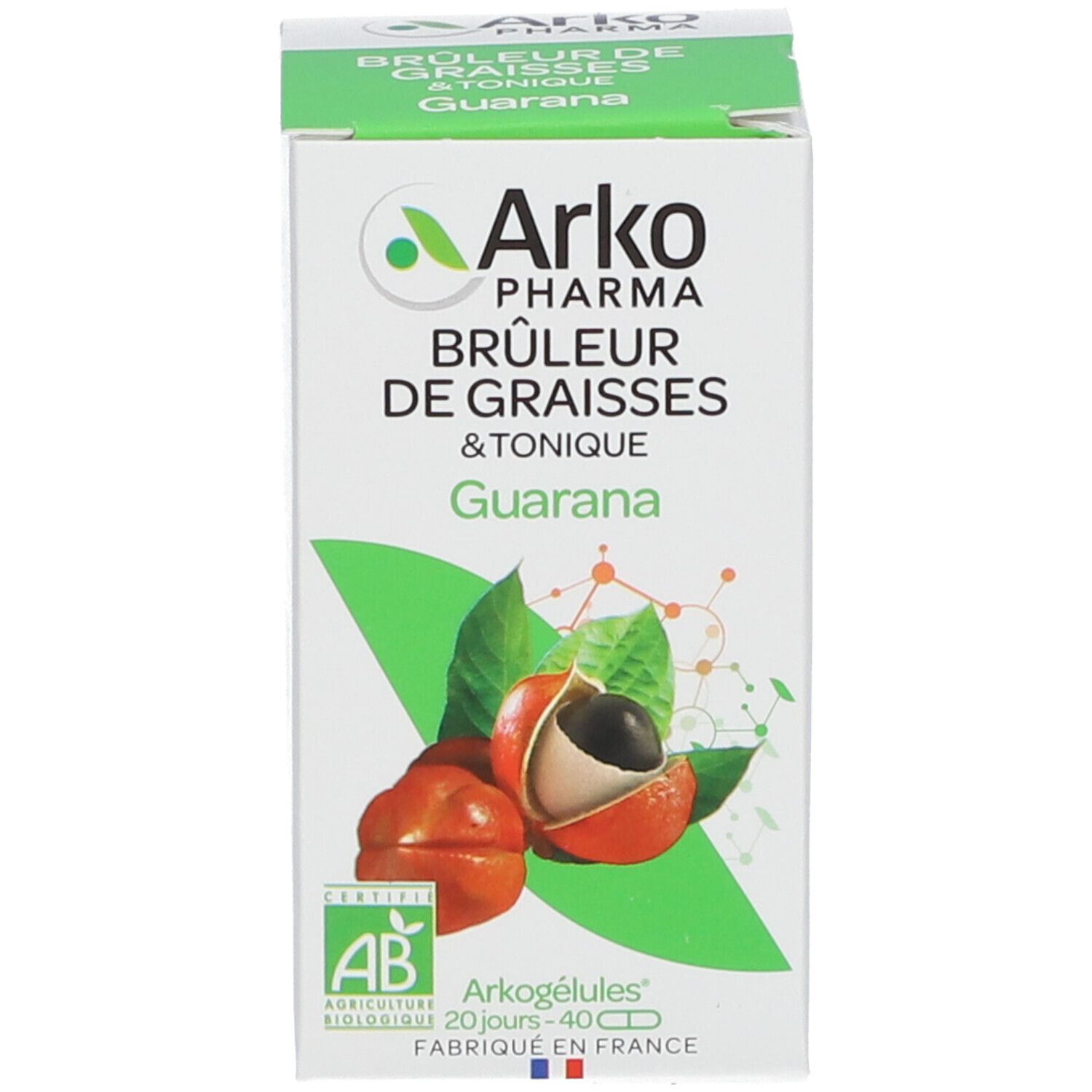 Kartonverpackung. Logo, Produktname und Guarana-Abbildung. AB-Bio-Zertifizierung. 20 Tage, 40 Kapseln.