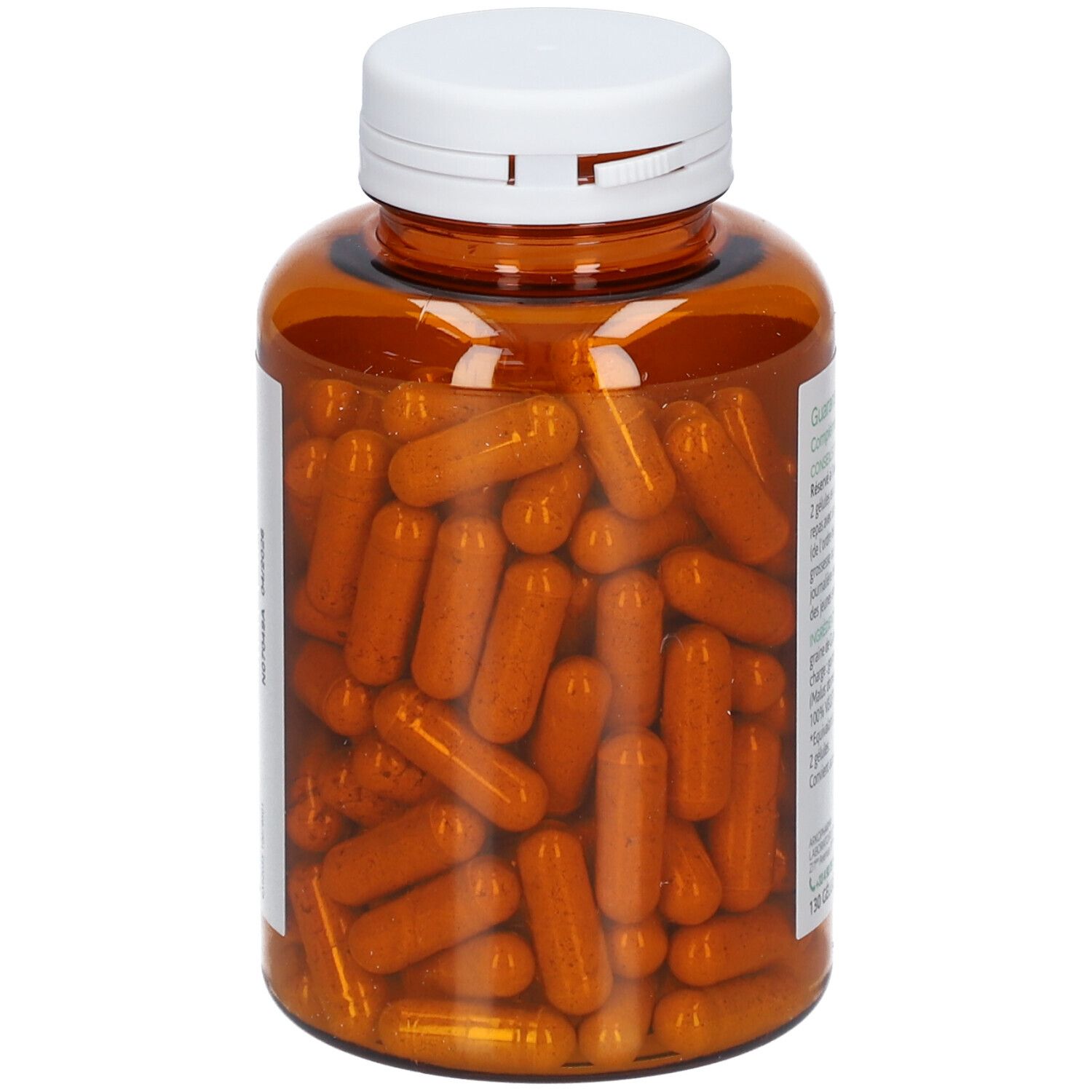 Transparente braune Flasche mit zahlreichen braunen Kapseln. Weiße Kappe. Produkt: Guarana-Kapseln.