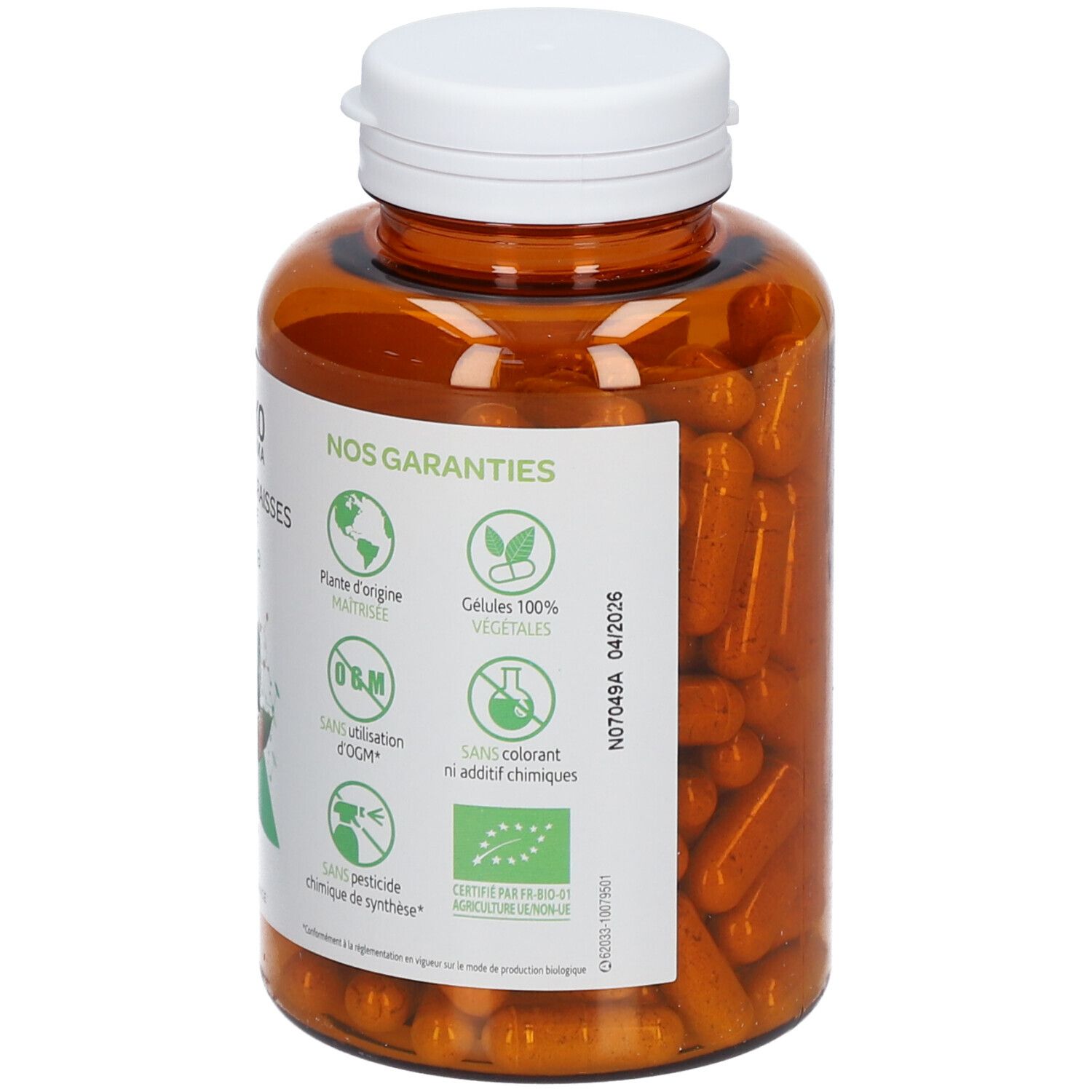 Rückseite der Flasche mit weißen Deckel. Etikett mit Informationen und Logos. Guarana-Kapseln.