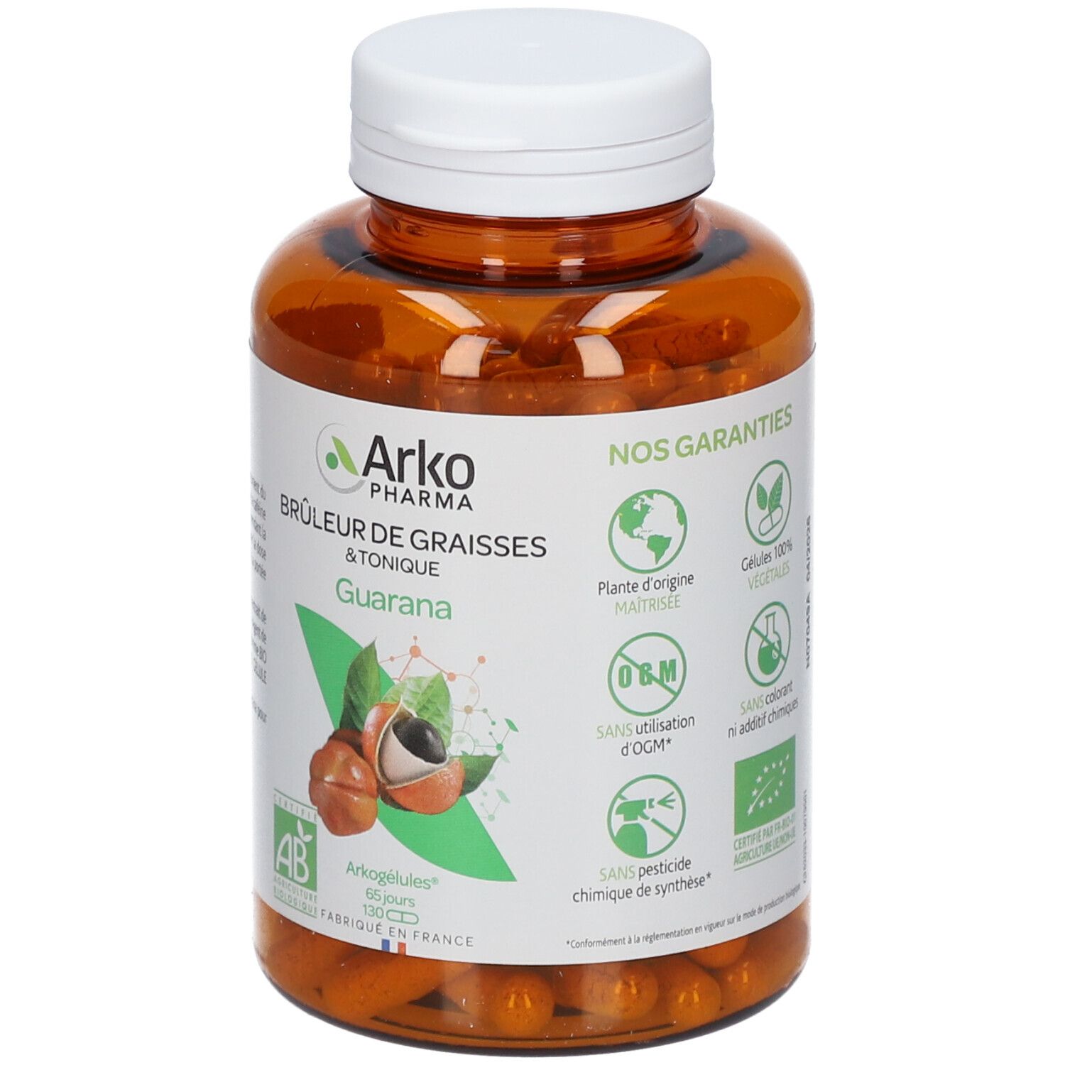 Braune Flasche mit weißen Deckel. Etikett mit Produktinformationen und Logo von Arko Pharma. Guarana-Kapseln.