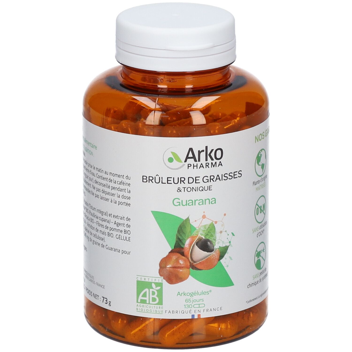 Braune Flasche mit weißen Deckel. Etikett mit Produktinformationen und Logo von Arko Pharma. Guarana-Kapseln.