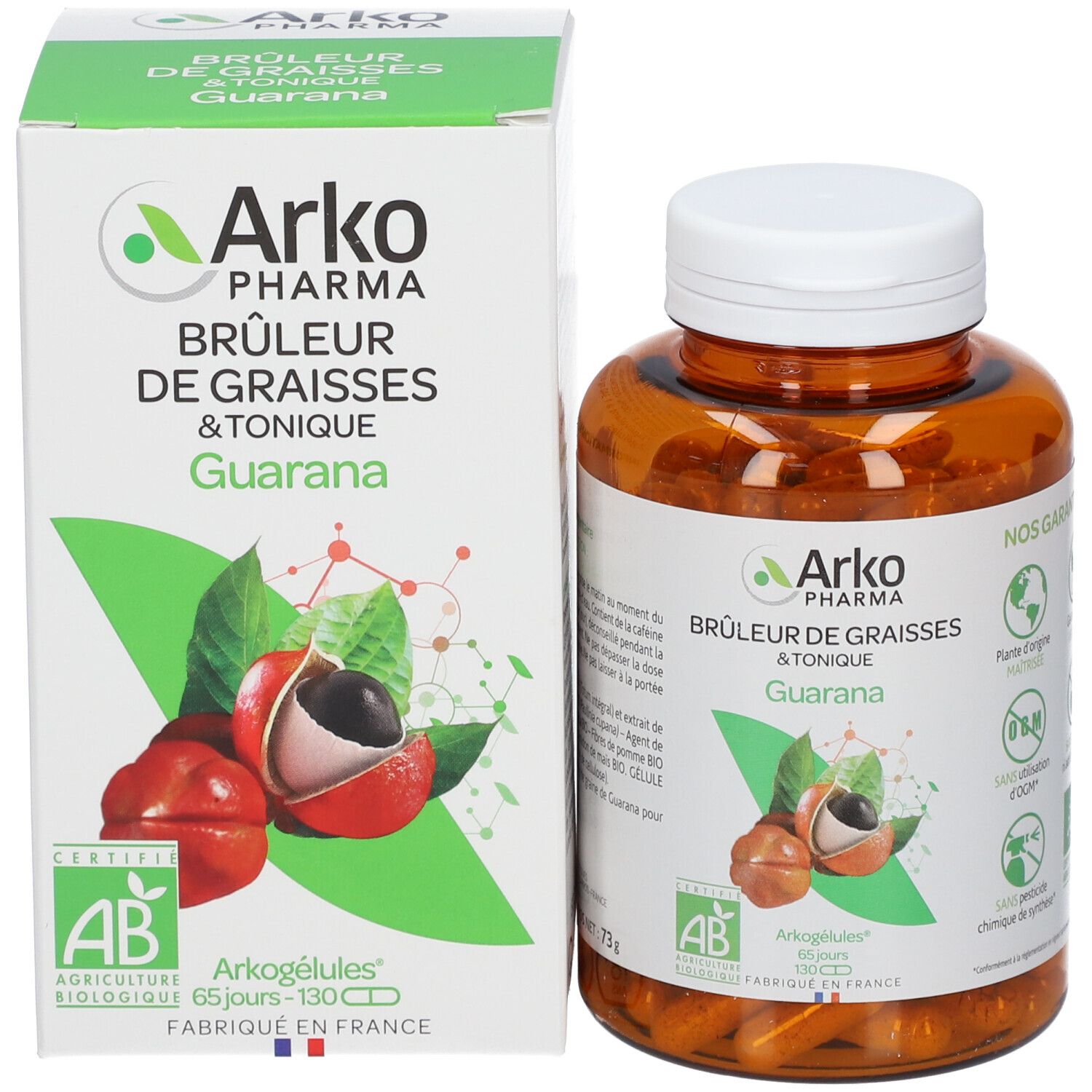 Produktverpackung mit Flasche und Schachtel. Arko Pharma Guarana. Kapseln. Grüne und weiße Verpackung.
