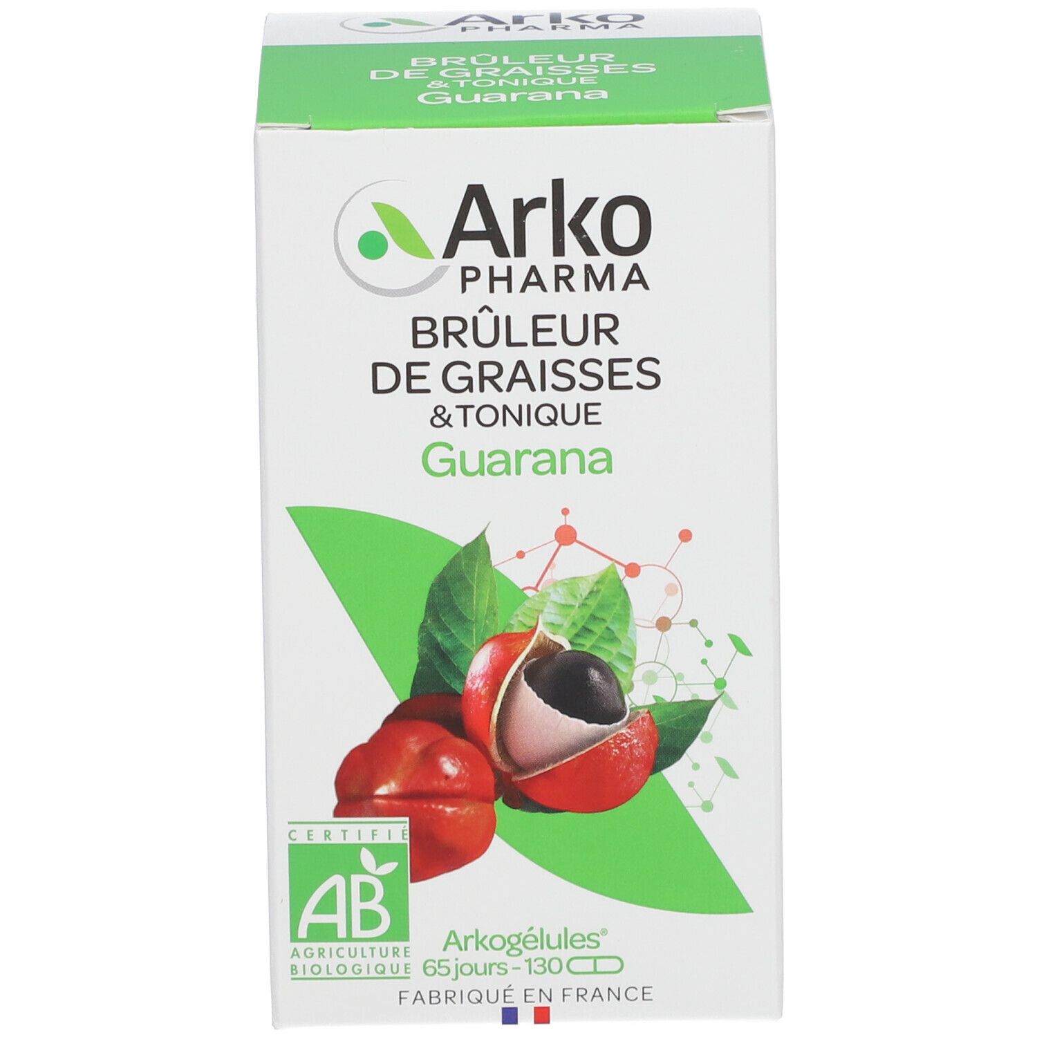 Grüne und weiße Schachtel mit Produktinformationen. Arko Pharma Guarana. Kapseln. AB-Zertifizierung.