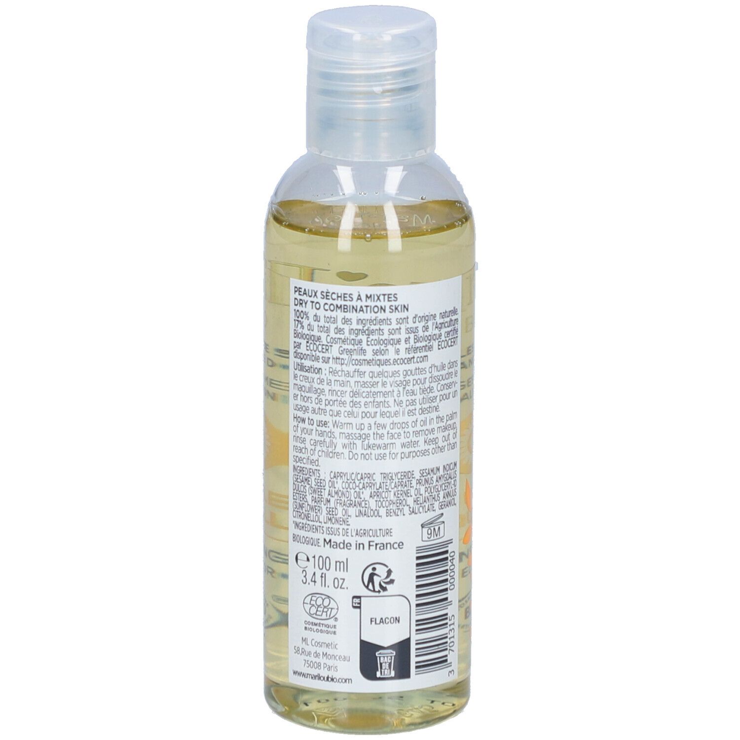 Flacon transparent d'huile démaquillante Marilou Bio. Ingrédients et texte au dos.