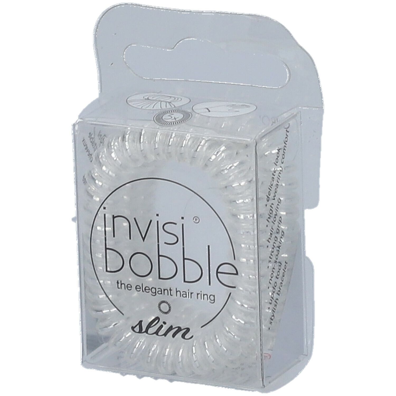 Transparente invisibobble® Slim Haargummis in Verpackung. Aufdruck: invisibobble®, Slim, the elegant hair ring.