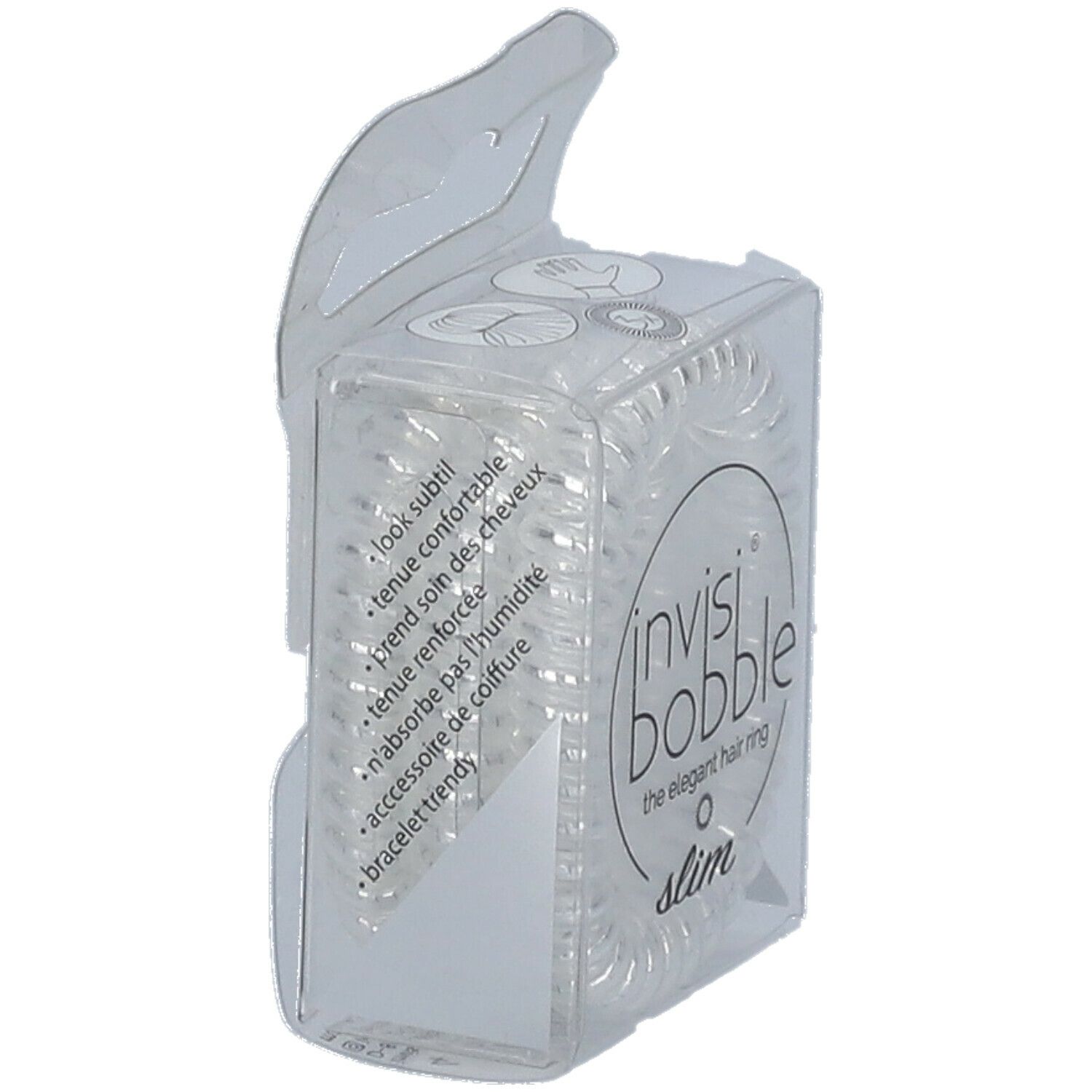 Transparente invisibobble® Slim Haargummis in Verpackung. Aufdruck: invisibobble®, Slim, the elegant hair ring. Text auf Verpackung.