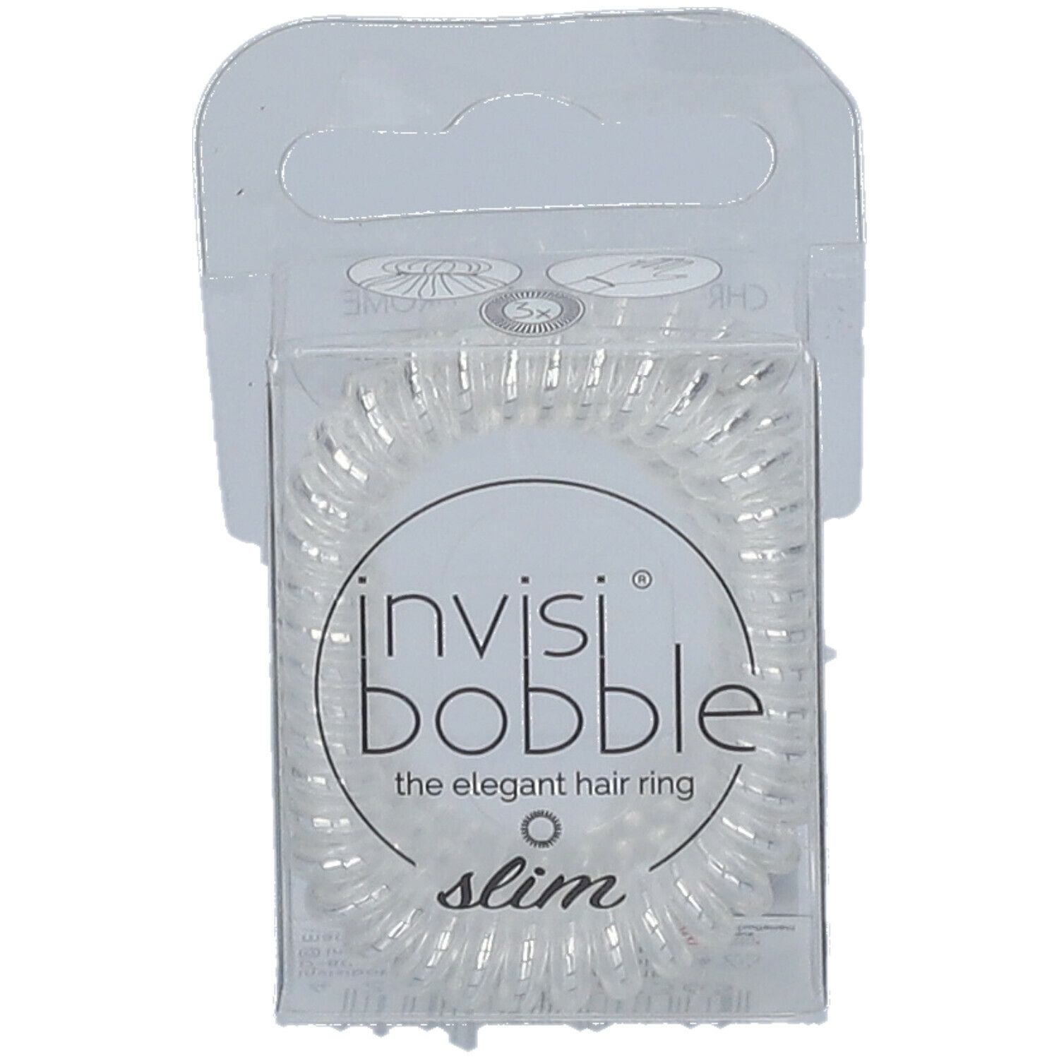 Transparente invisibobble® Slim Haargummis in Verpackung. Aufdruck: invisibobble®, Slim, the elegant hair ring.