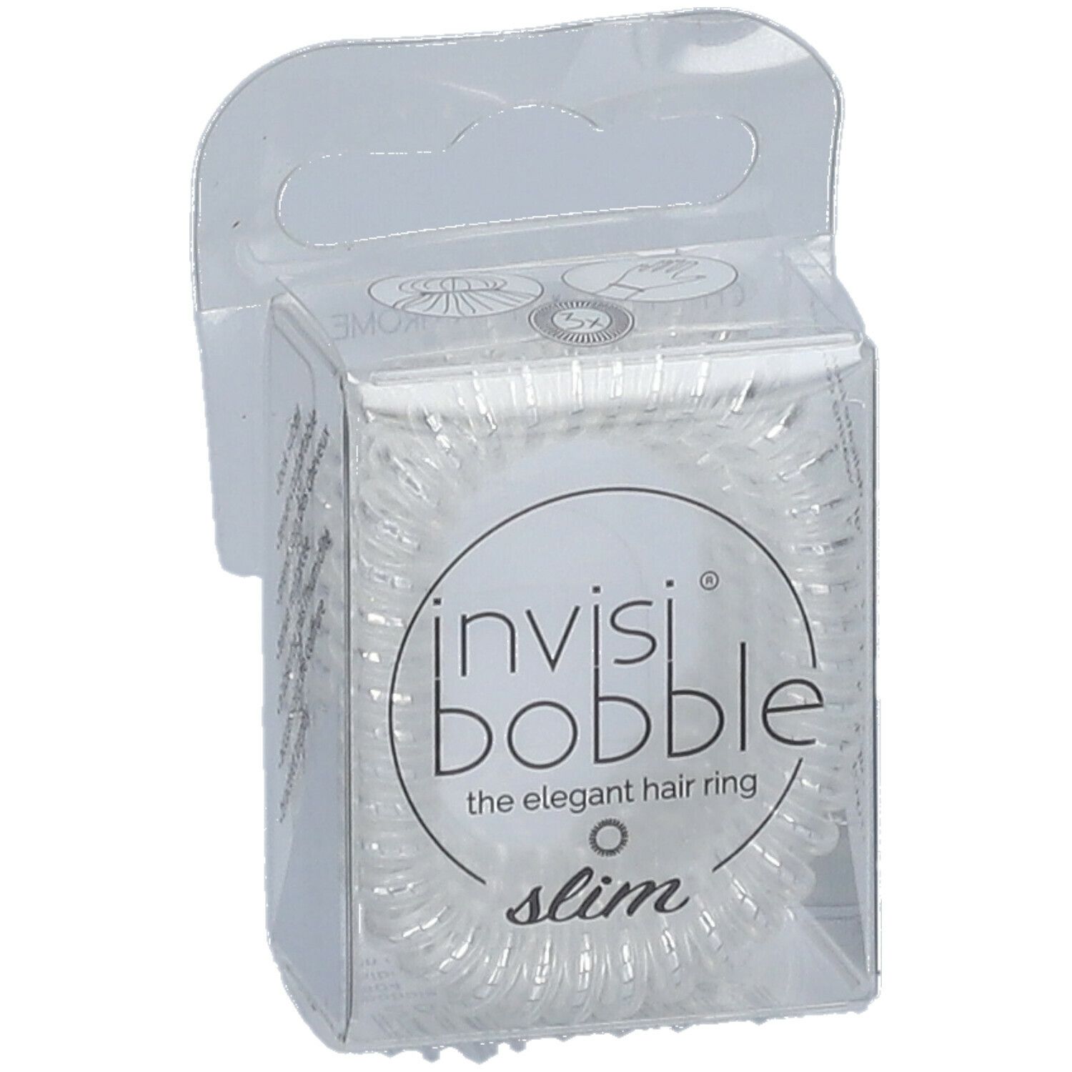 Transparente invisibobble® Slim Haargummis in Verpackung. Aufdruck: invisibobble®, Slim, the elegant hair ring.