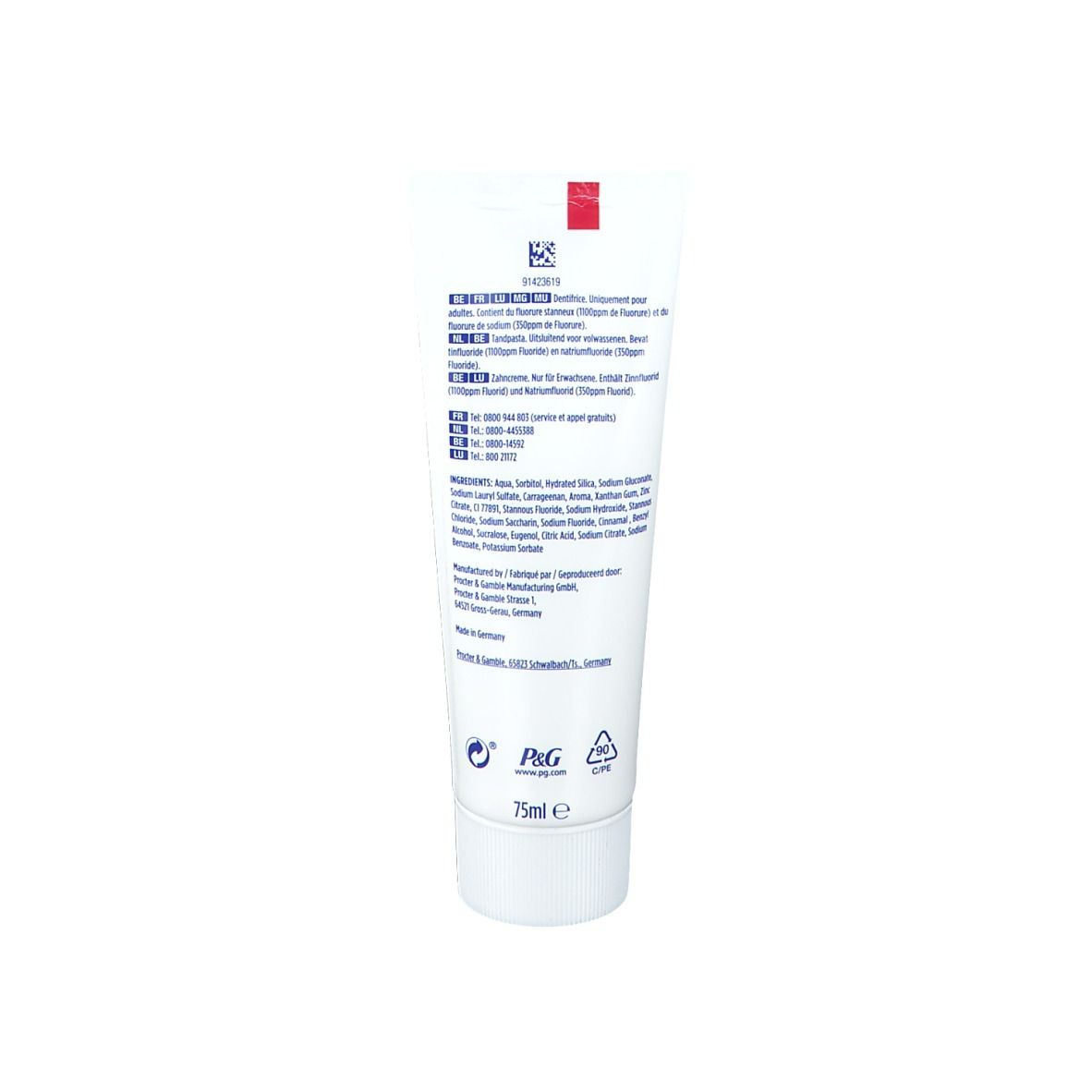 Zahnpasta-Tube, weiß, mit Text und Logo. Rückseite mit Inhaltsstoffen und Herstellerinformationen. 75ml.