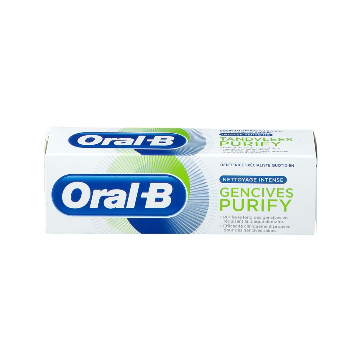 Weiße Schachtel mit blau-grünem Logo und Text. Text: Oral-B, Gencives Purify. Aufdruck: Dentifrice spécialiste quotidien.