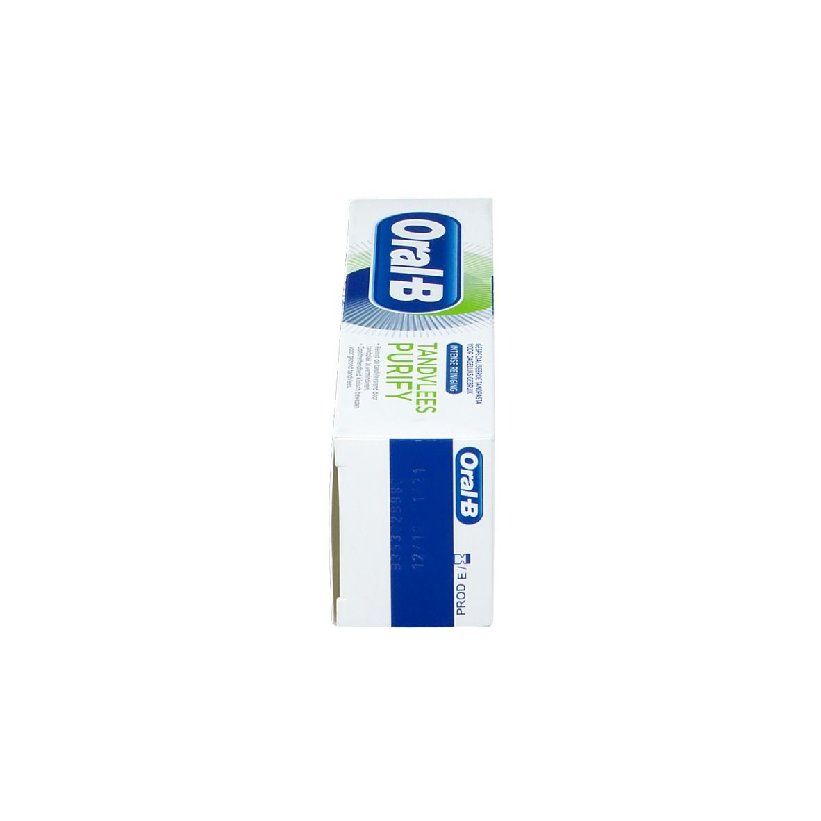 Schachtel, weiß, mit blau-grünem Logo und Text. Text: Oral-B, Gencives Purify. Aufdruck: Dentifrice spécialiste quotidien.