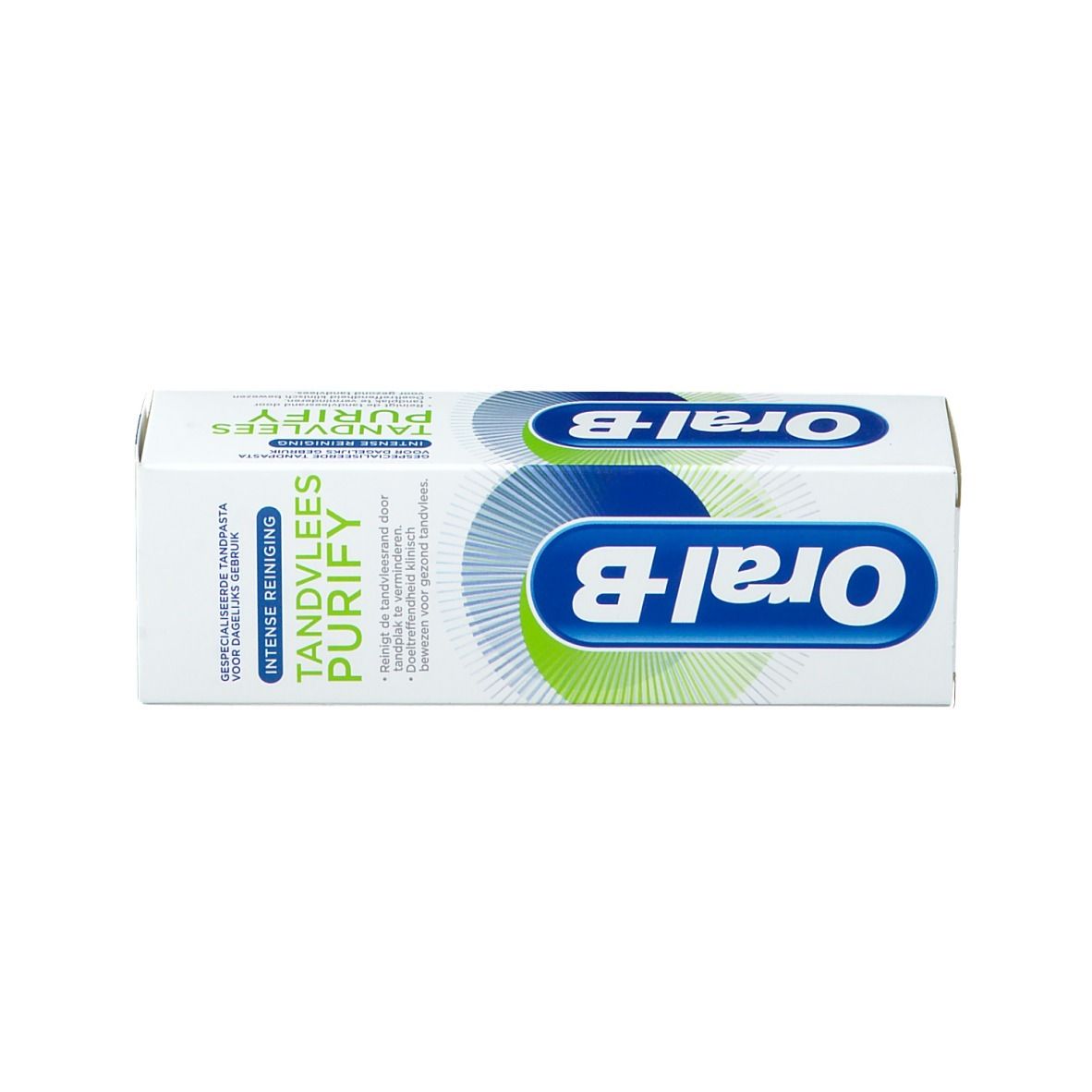 Weiße Schachtel mit blau-grünem Logo und Text. Text: Oral-B, Gencives Purify. Aufdruck: Dentifrice spécialiste quotidien.