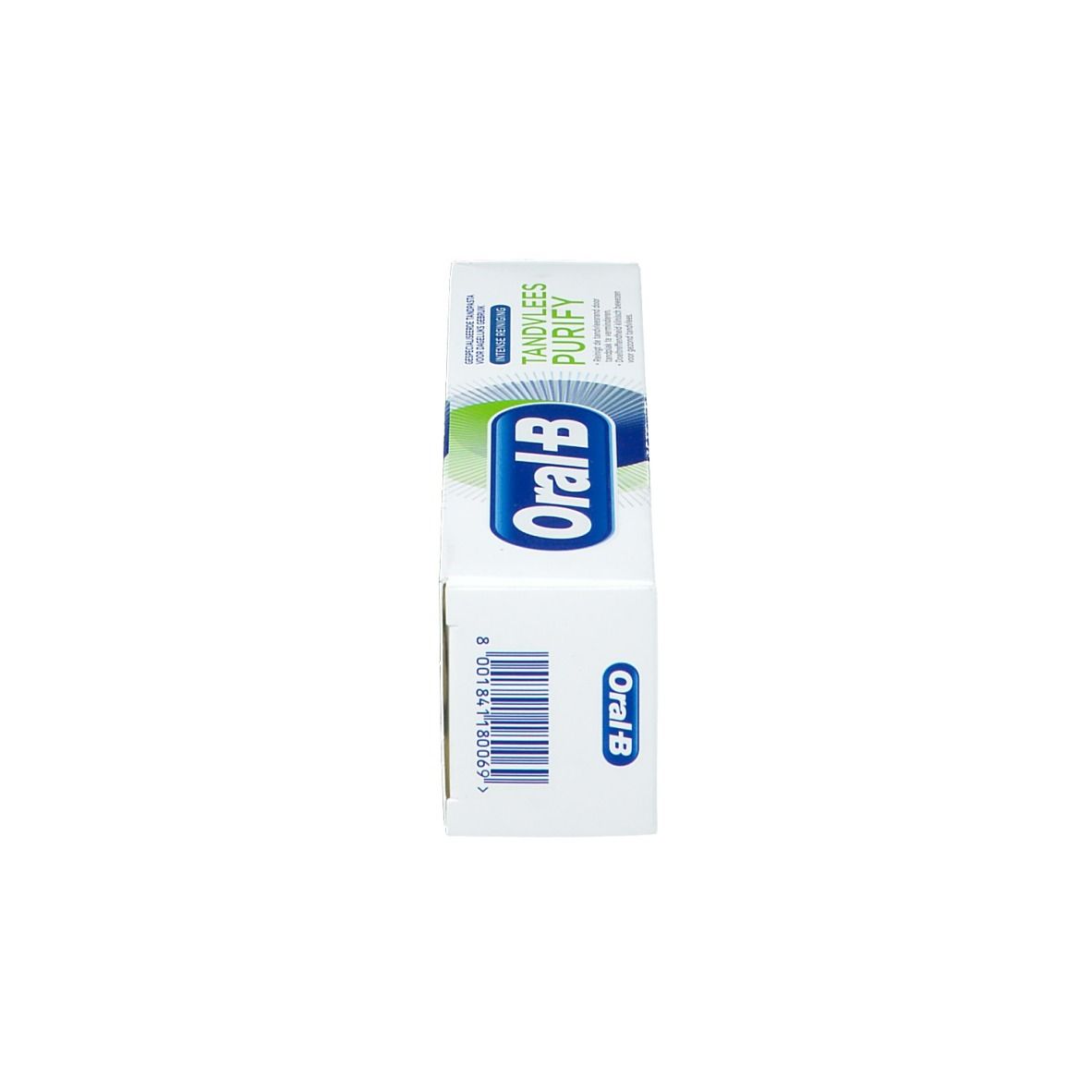 Schachtel, weiß, mit blau-grünem Logo und Text. Text: Oral-B, Gencives Purify. Aufdruck: Dentifrice spécialiste quotidien.