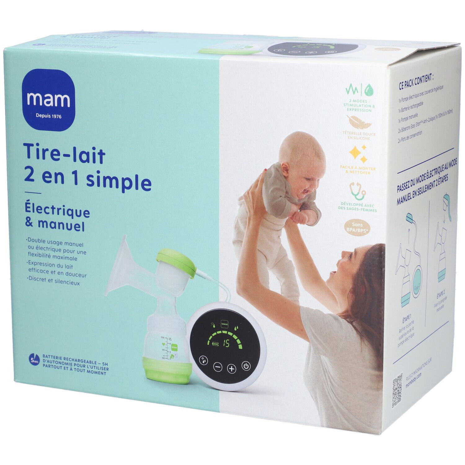 MAM TIRE - LAIT 2 EN 1 - Kit tire-lait électrique et manuel + kit d'allaitement.  - unité
