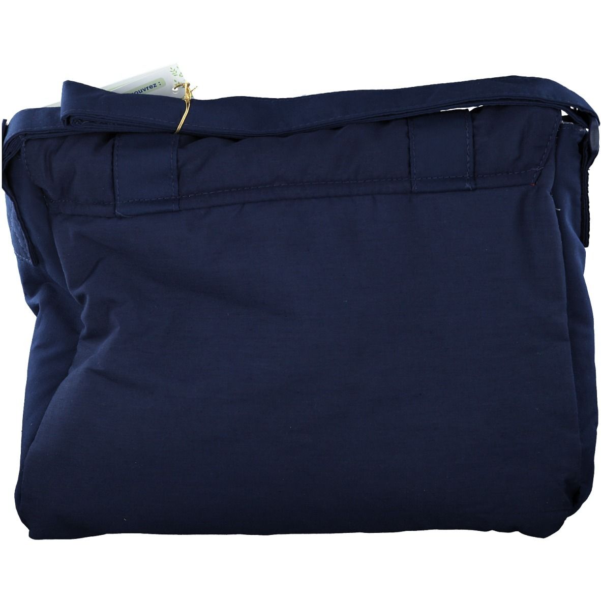 Sac Mustela bleu foncé, vue arrière. Avec bandoulière et étiquette.