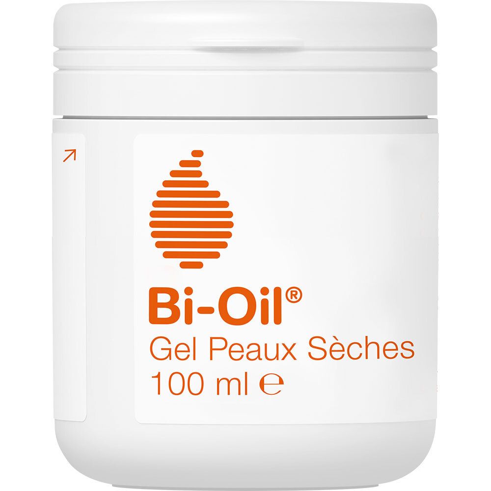 Weißer Tiegel mit orangefarbenem Logo und Schriftzug Bi-Oil® Gel Peaux Sèches. 100 ml.