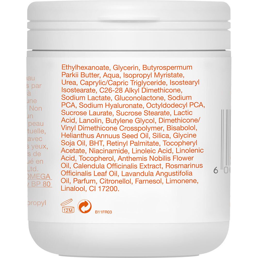 Dos du pot blanc avec texte orange. Ingrédients et mode d'emploi.