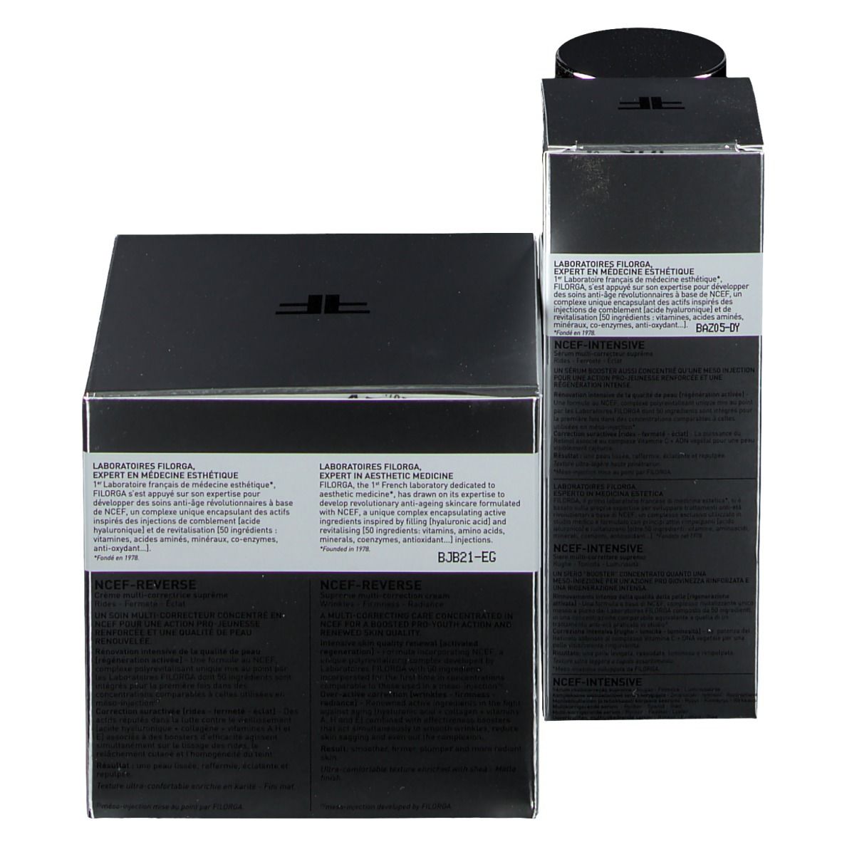 Schwarze Kartons mit Produktinformationen. FILORGA-Logo und Produktnamen. Text in mehreren Sprachen.