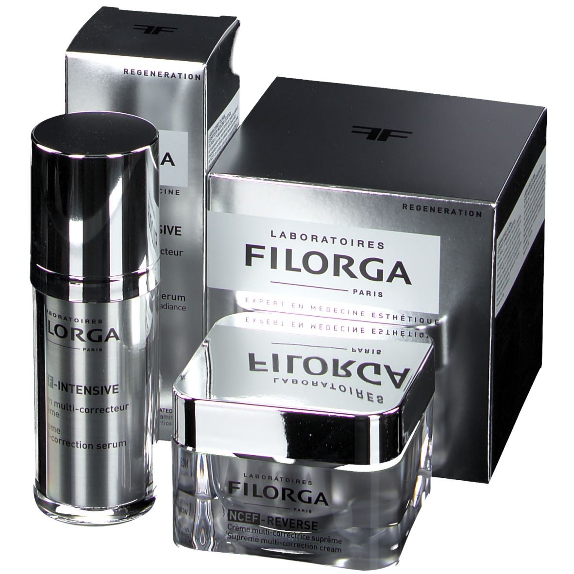 Set mit Serum und Creme. Silberne Flakons und Verpackungen mit FILORGA-Logo. Schwarze Kartons mit Produktnamen und Text.