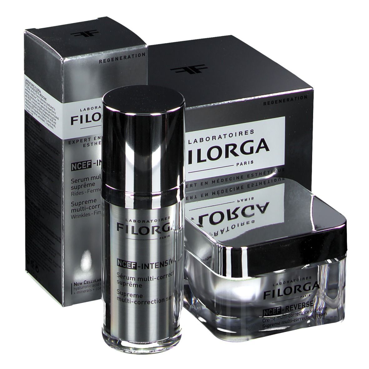 Set mit Serum und Creme. Silberne Flakons und Verpackungen mit FILORGA-Logo. Schwarze Kartons mit Produktnamen und Text.