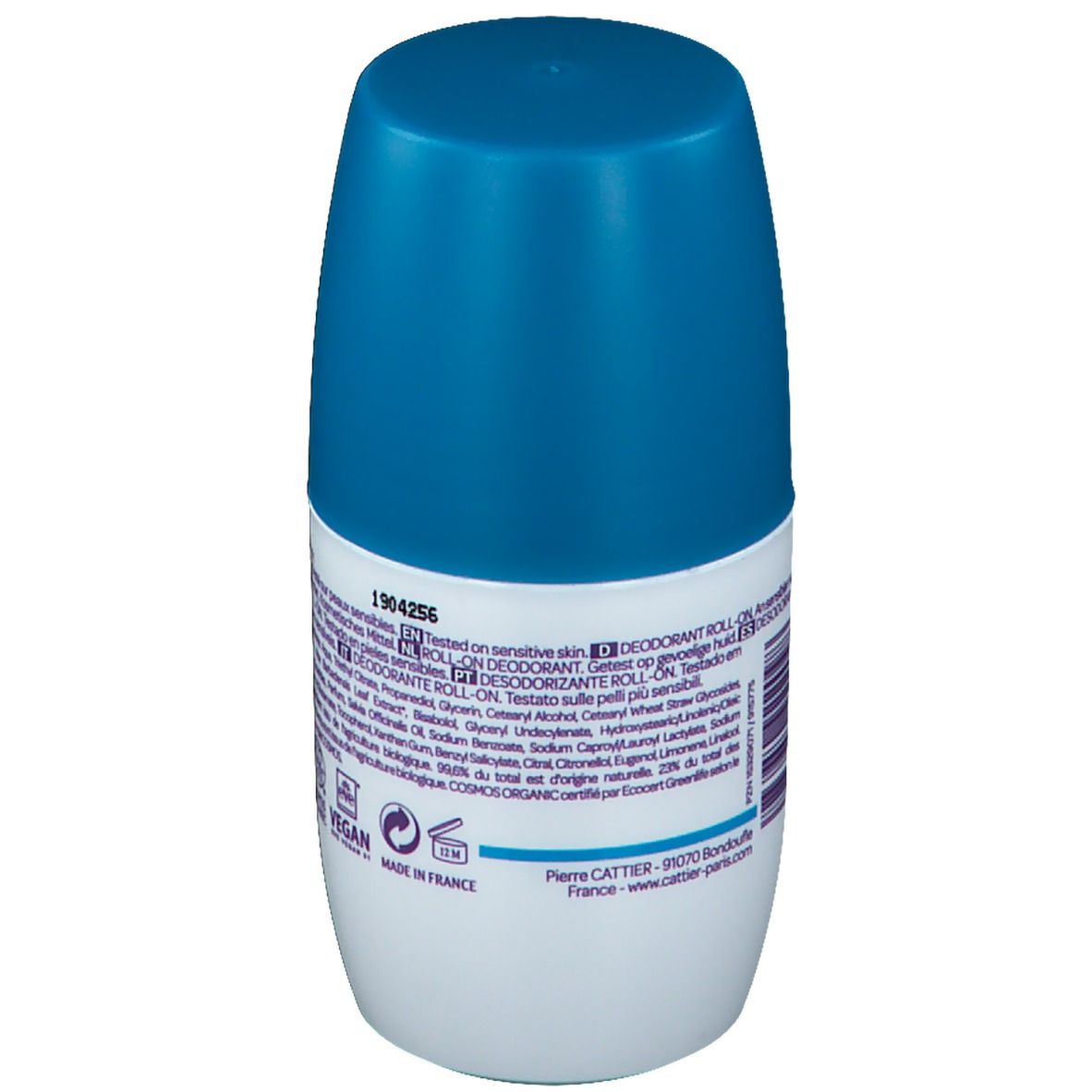 Roll-on-Deodorant mit blauem Deckel. Aufschrift: Getestet auf empfindlicher Haut. Vegan-Siegel. Hergestellt in Frankreich.