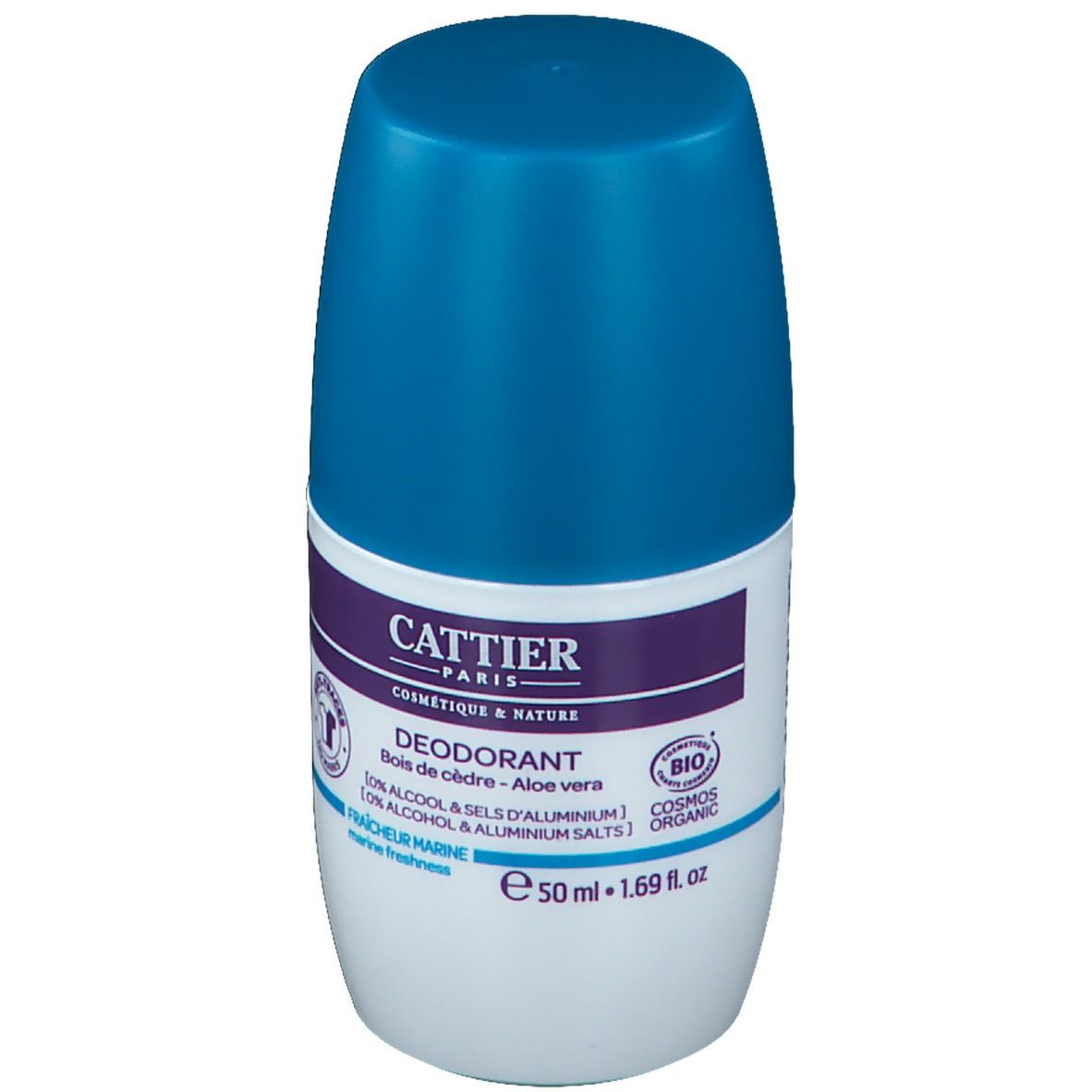 Roll-on-Deodorant mit blauem Deckel. Aufschrift: CATTIER PARIS, Deodorant, Bois de cèdre - Aloe vera. Bio-Zertifizierung.