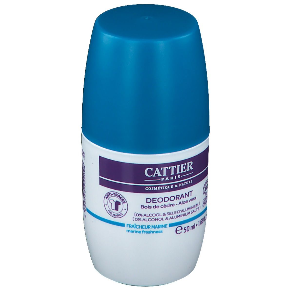 Roll-on-Deodorant mit blauem Deckel. Aufschrift: CATTIER PARIS, Deodorant, Bois de cèdre - Aloe vera. Anti-Traces-Logo.