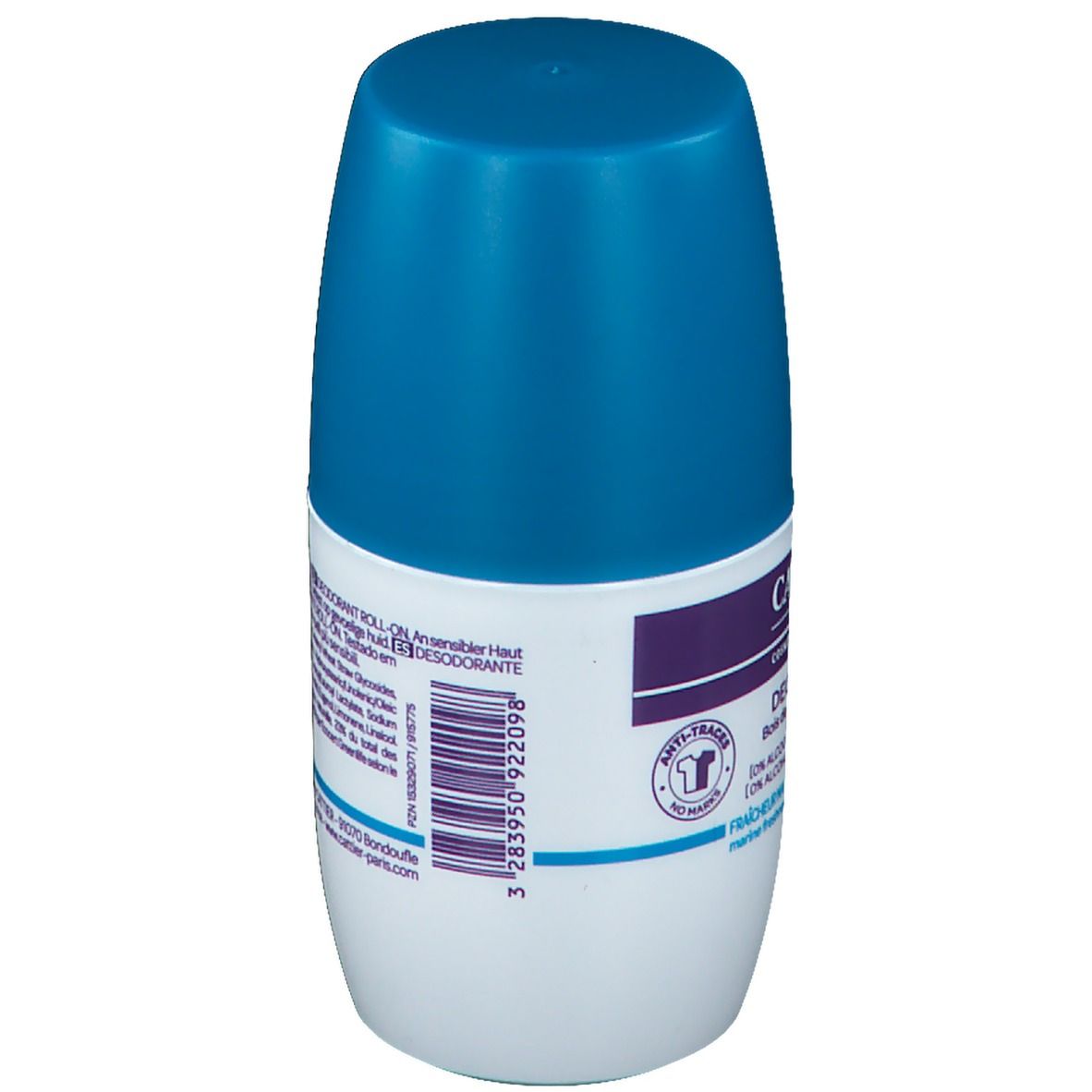 Roll-on-Deodorant mit blauem Deckel. Aufschrift: Deodorant Roll-On. Barcode und Herstelleradresse. Anti-Traces-Logo.