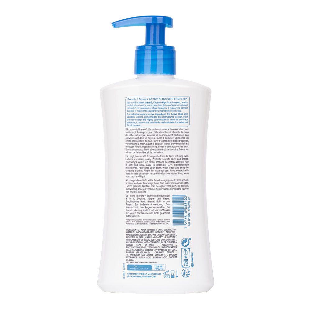 Rückseite einer weißen Flasche mit blauem Pumpkopf. Textinformationen und Inhaltsstoffe. Marke: Neutraderm.