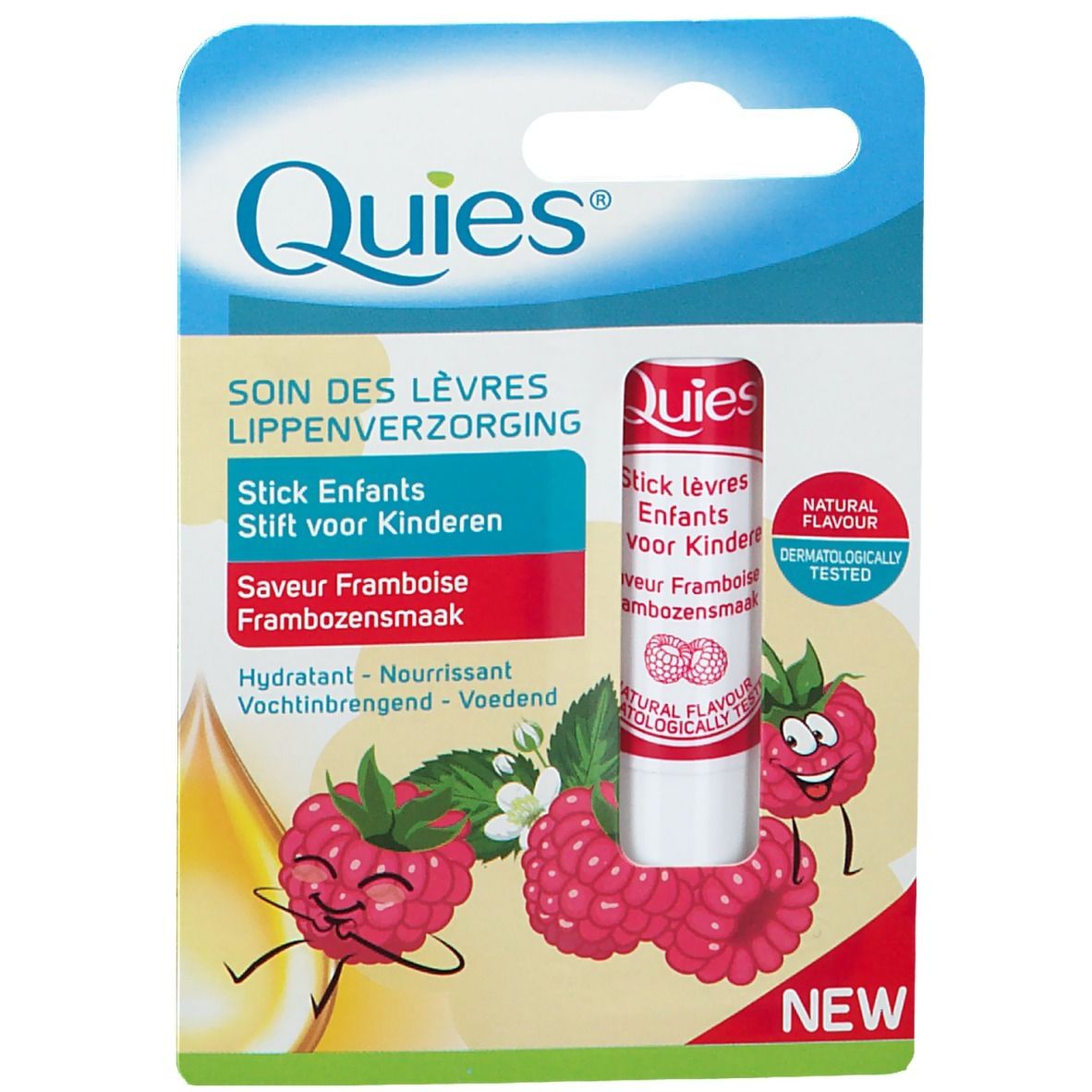 Quies Lippenstift Himbeere für Kinder. Verpackung mit Lippenpflegestift und Himbeeren-Illustrationen.