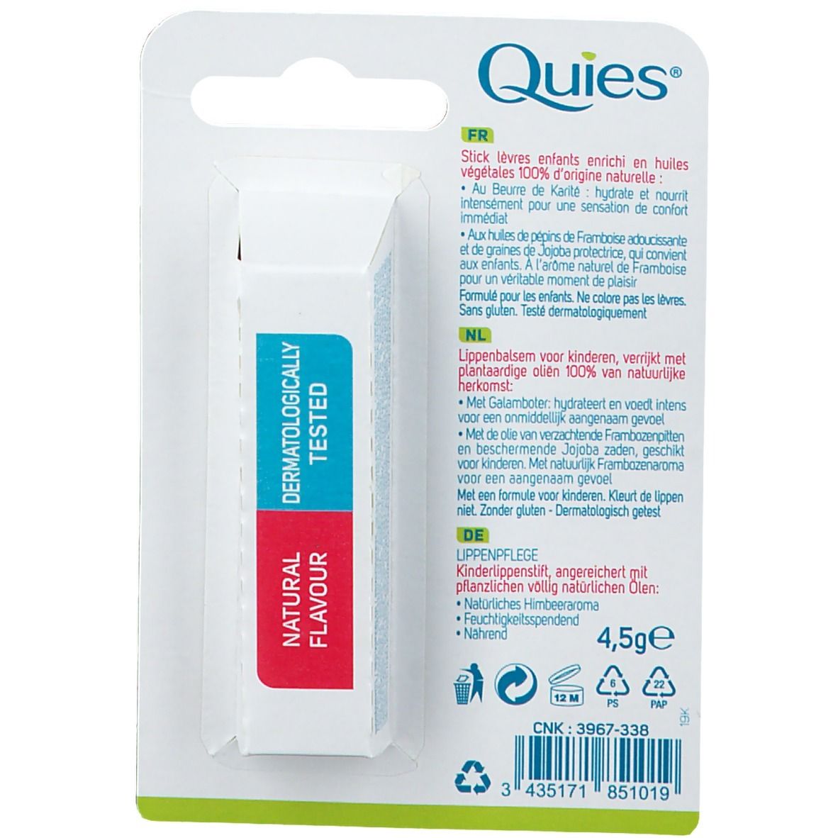 Rückseite der Quies Lippenstift-Verpackung. Text in Deutsch, Inhaltsstoffe, 4,5g, dermatologisch getestet.