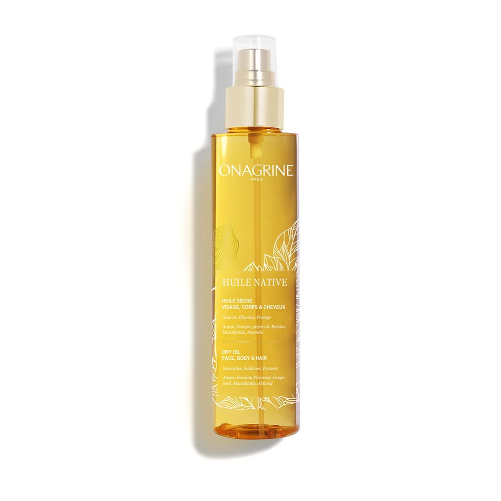 Gelbliche Flasche mit Sprühkopf. Aufschrift: ONAGRINE, HUILE NATIVE. Für Gesicht, Körper und Haar. Trockenöl.