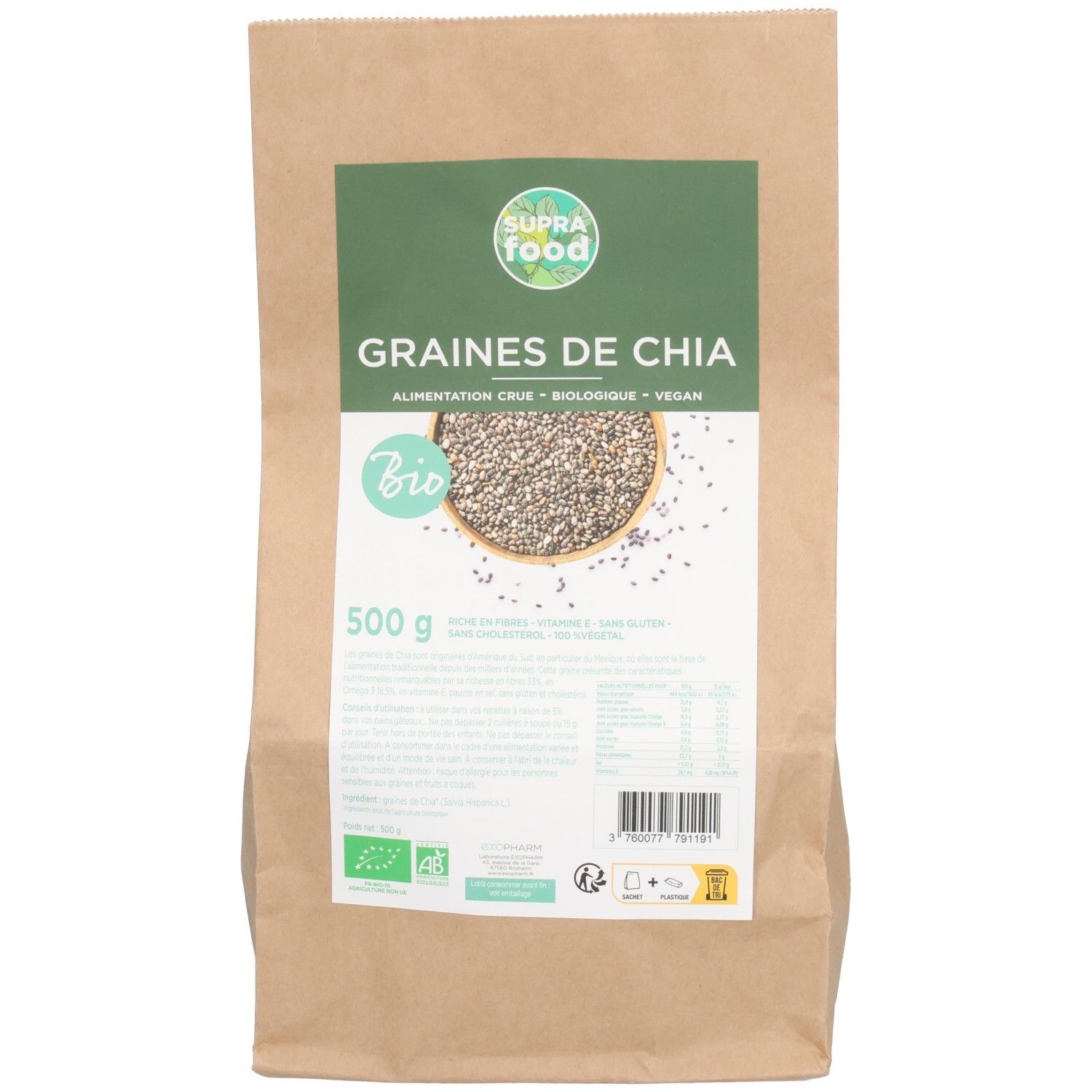 Papiertüte mit Aufdruck. Enthält Chia-Samen. Grün-weißes Etikett mit Produktbezeichnung und Bio-Siegel. 500g.