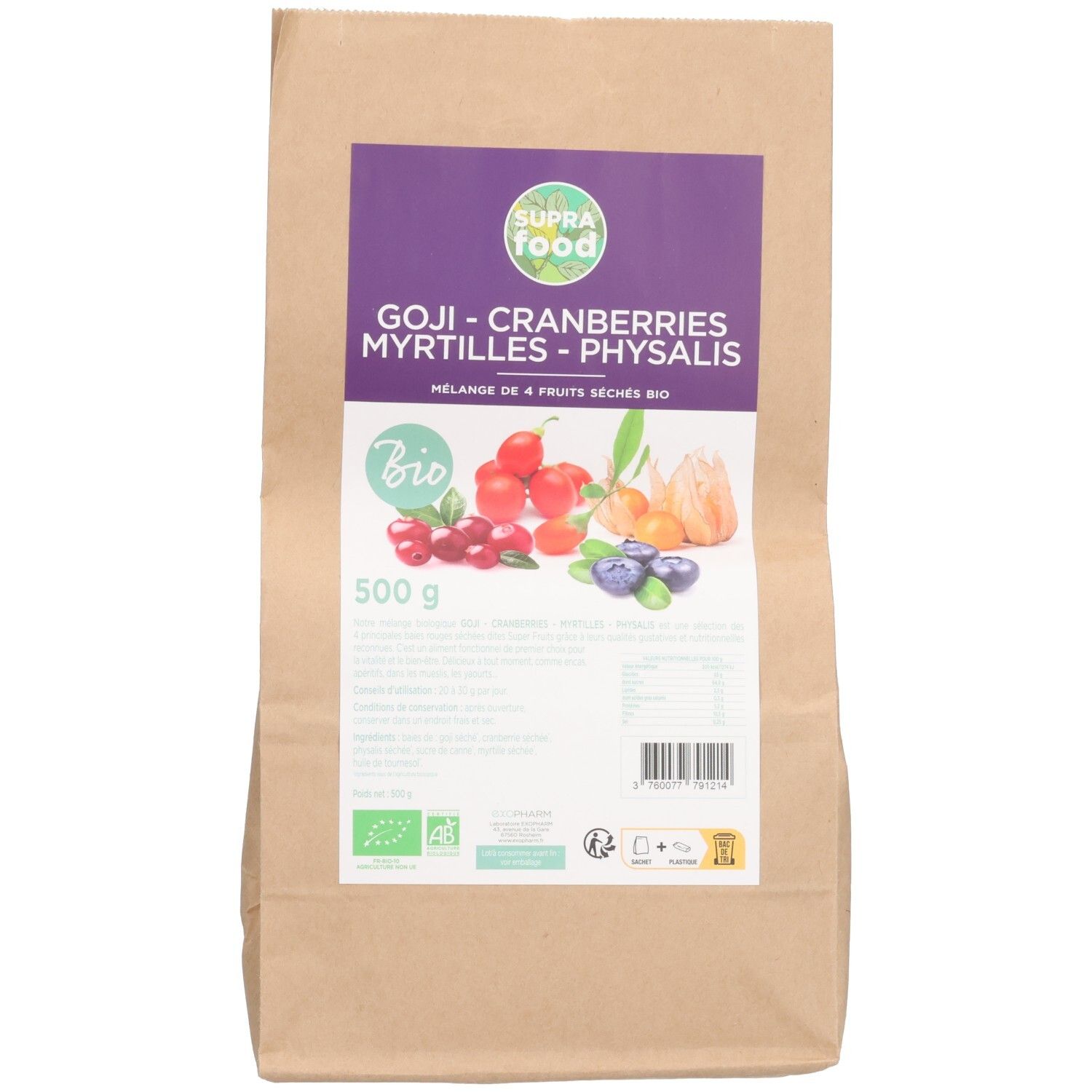 Braune Papiertüte mit lila Etikett. Aufschrift: SUPRAFOOD, GOJI-CRANBERRIES-MYRTILLES-PHYSALIS, BIO. 500 g.
