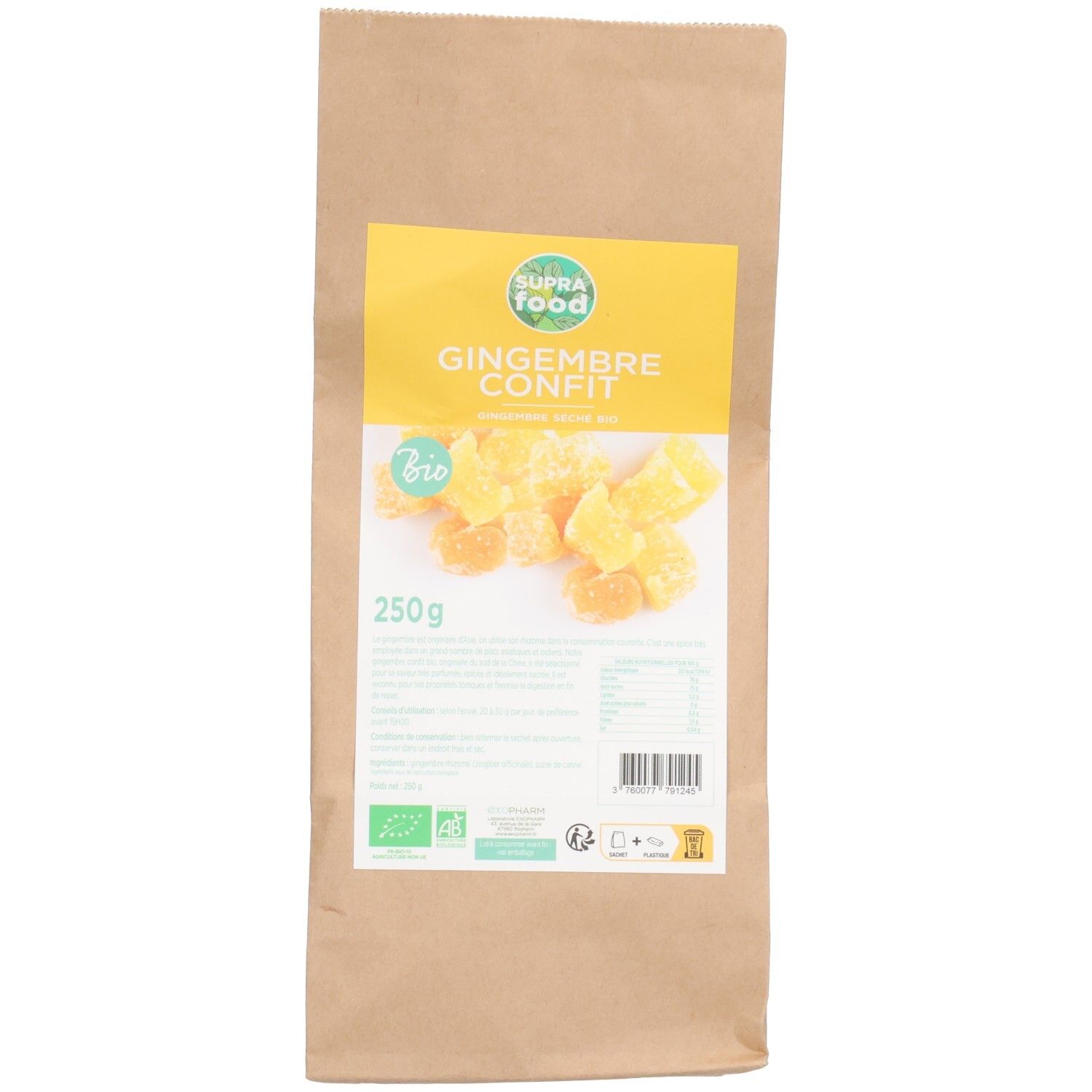 Braune Papiertüte mit gelbem Etikett. Aufschrift: SUPRAFOOD, GINGEMBRE CONFIT, BIO, 250g. Abbildung von kandiertem Ingwer.