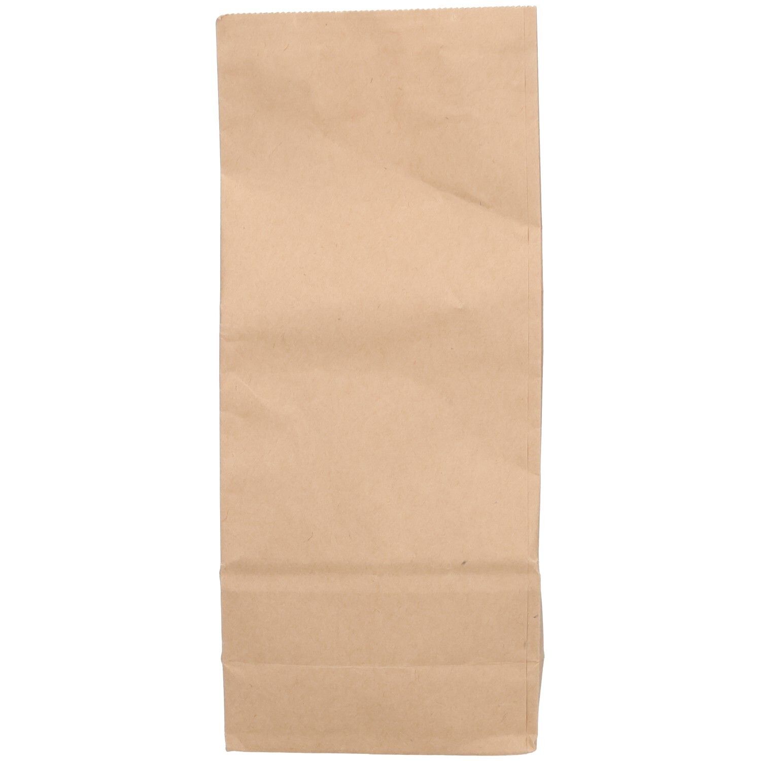 Braune Papiertüte, leer, gefaltet. Vorderseite mit Falten. Keine weiteren Details sichtbar.